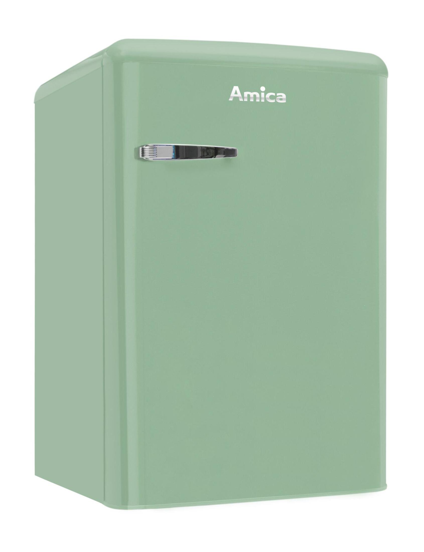 Ein kleiner, mintgrüner Amica-Kühlschrank. Er hat einen Chromgriff und der Markenname ist angezeigt.