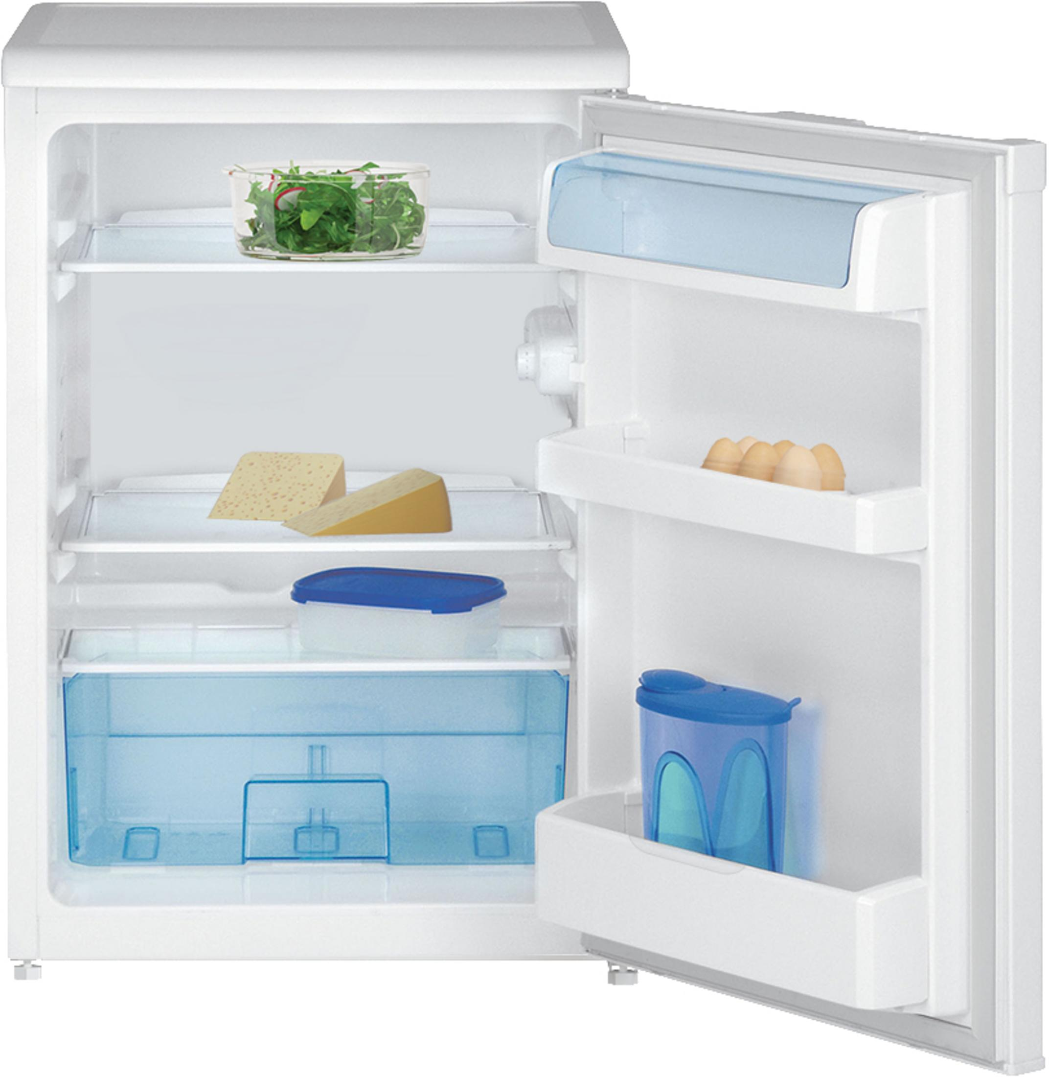 Weißer Kühlschrank, offen, zeigt Regale mit Lebensmitteln im Inneren.