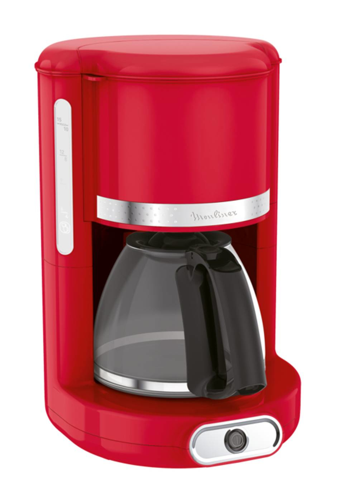 Czerwony ekspres do kawy ze szklanym dzbankiem i czarnym uchwytem, na białym tle.