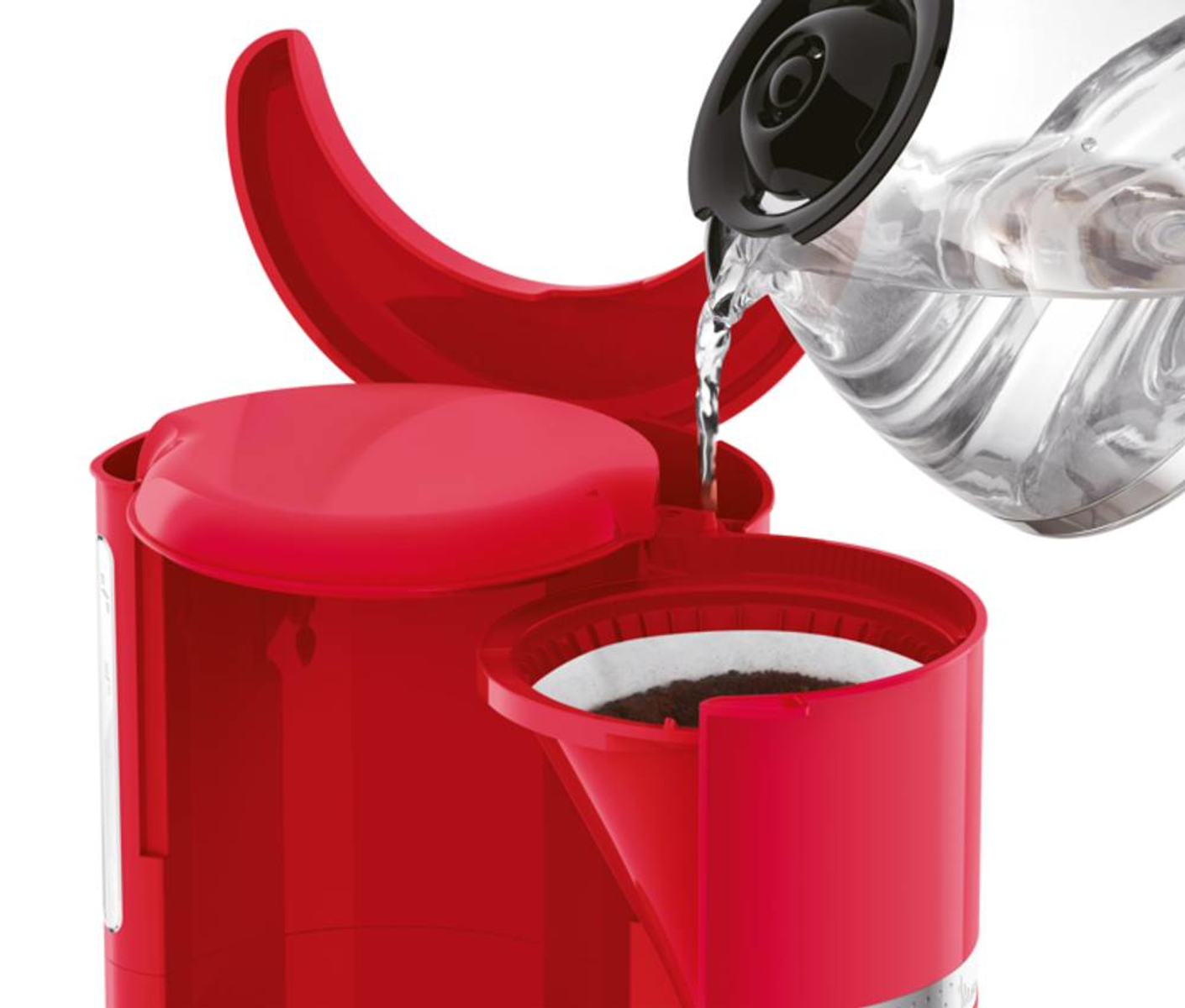 Czerwony ekspres do kawy z wodą wlewaną do filtra, białe tło.