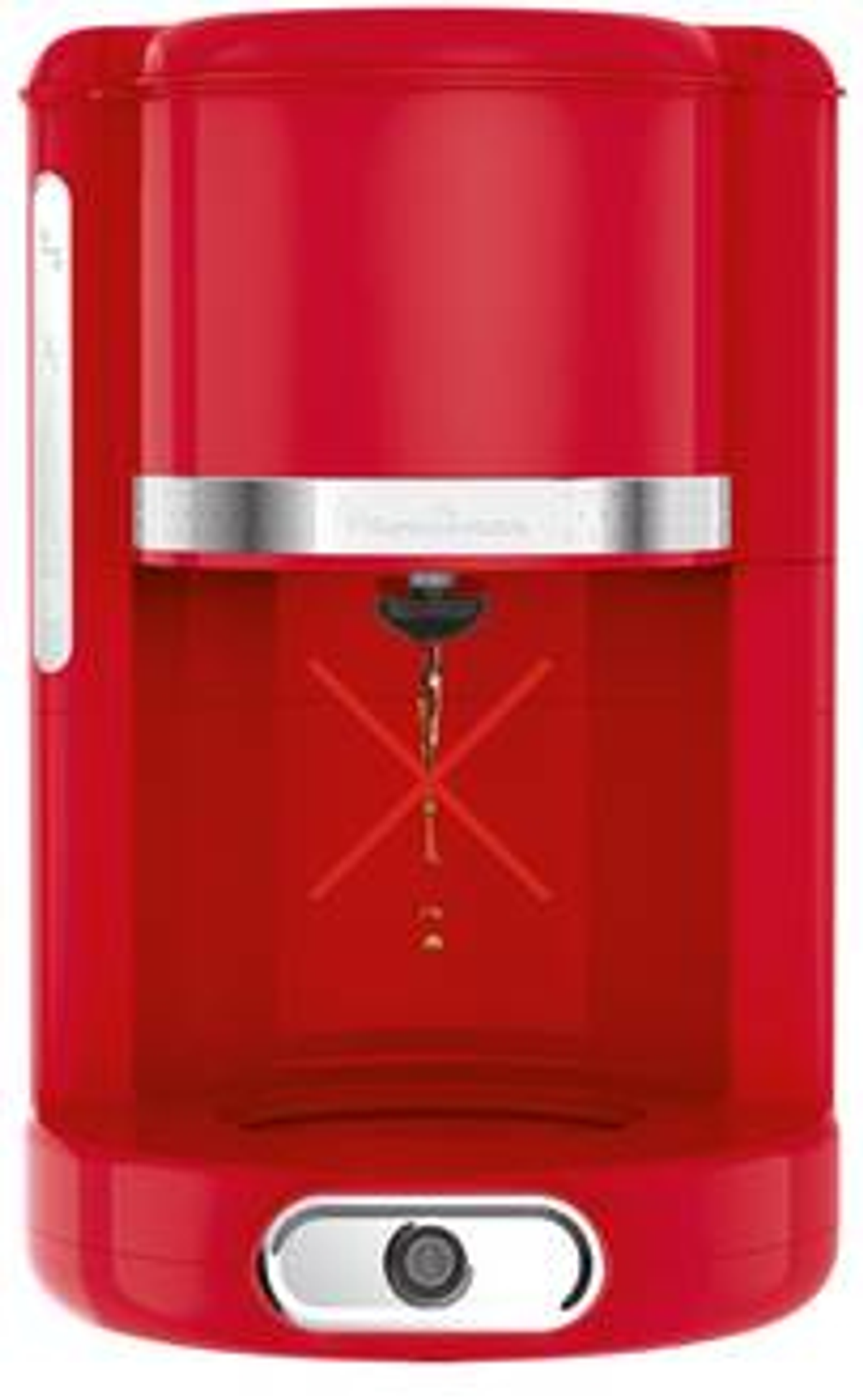 Czerwony ekspres do kawy o prostym designie, z czarnym przyciskiem na dole.