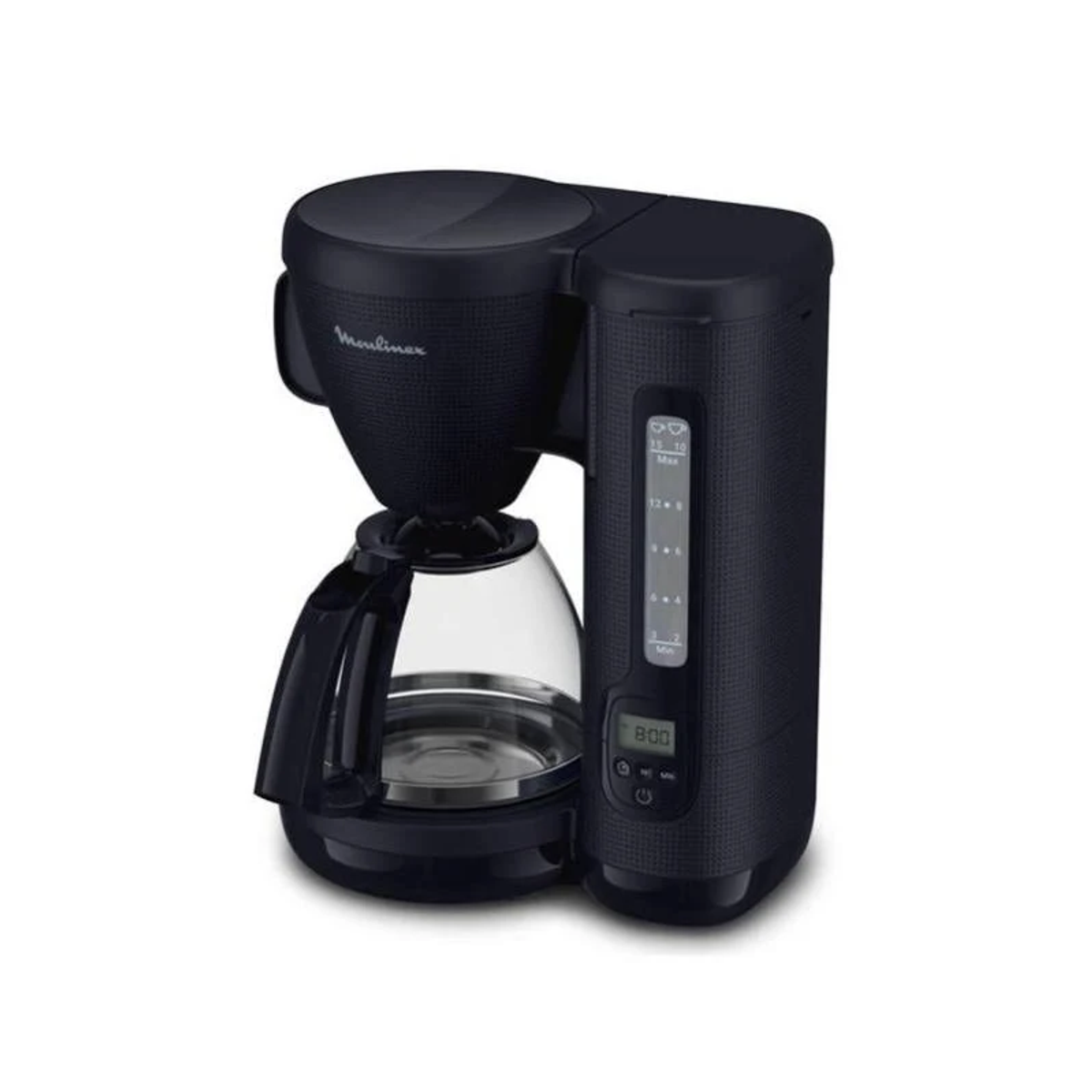 A black Moulinex coffee maker with a glass carafe and digital display.