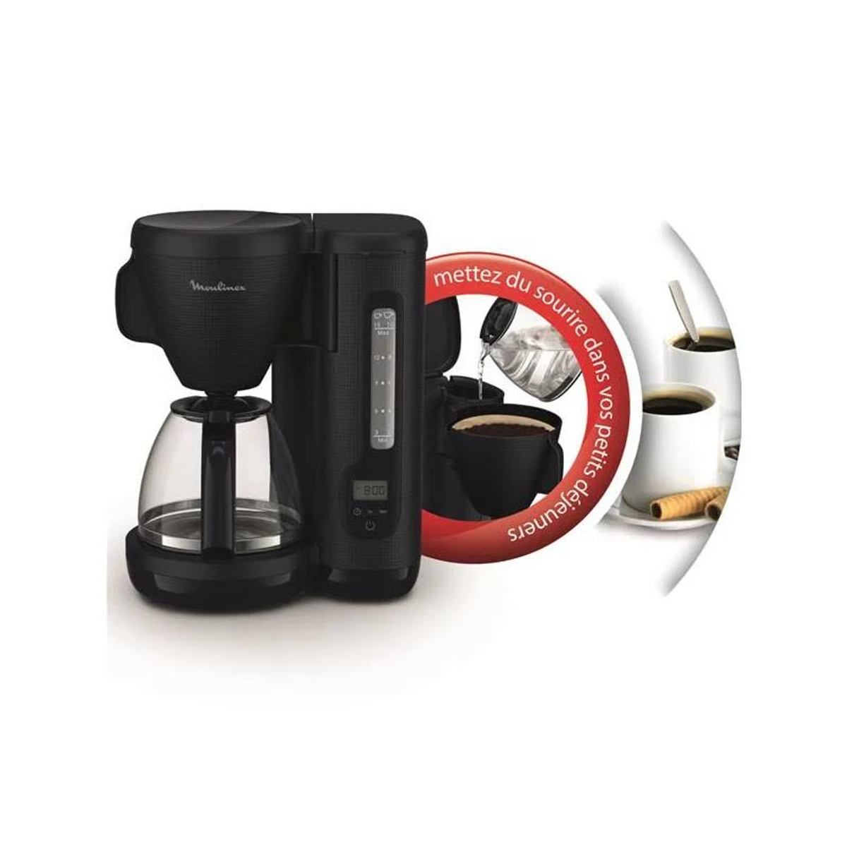 Black coffee maker with a glass carafe, and coffee cups on the side.
