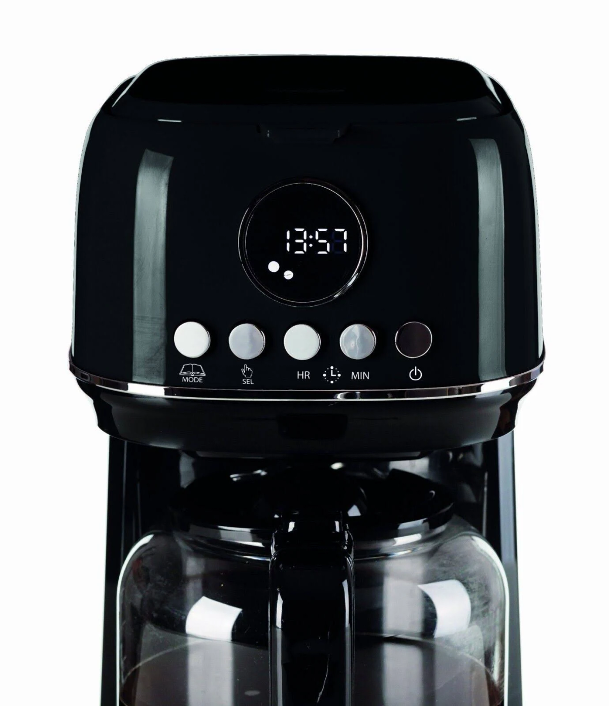 Czarny ekspres do kawy z wyświetlaczem cyfrowym, przyciskami i szklanym dzbankiem.