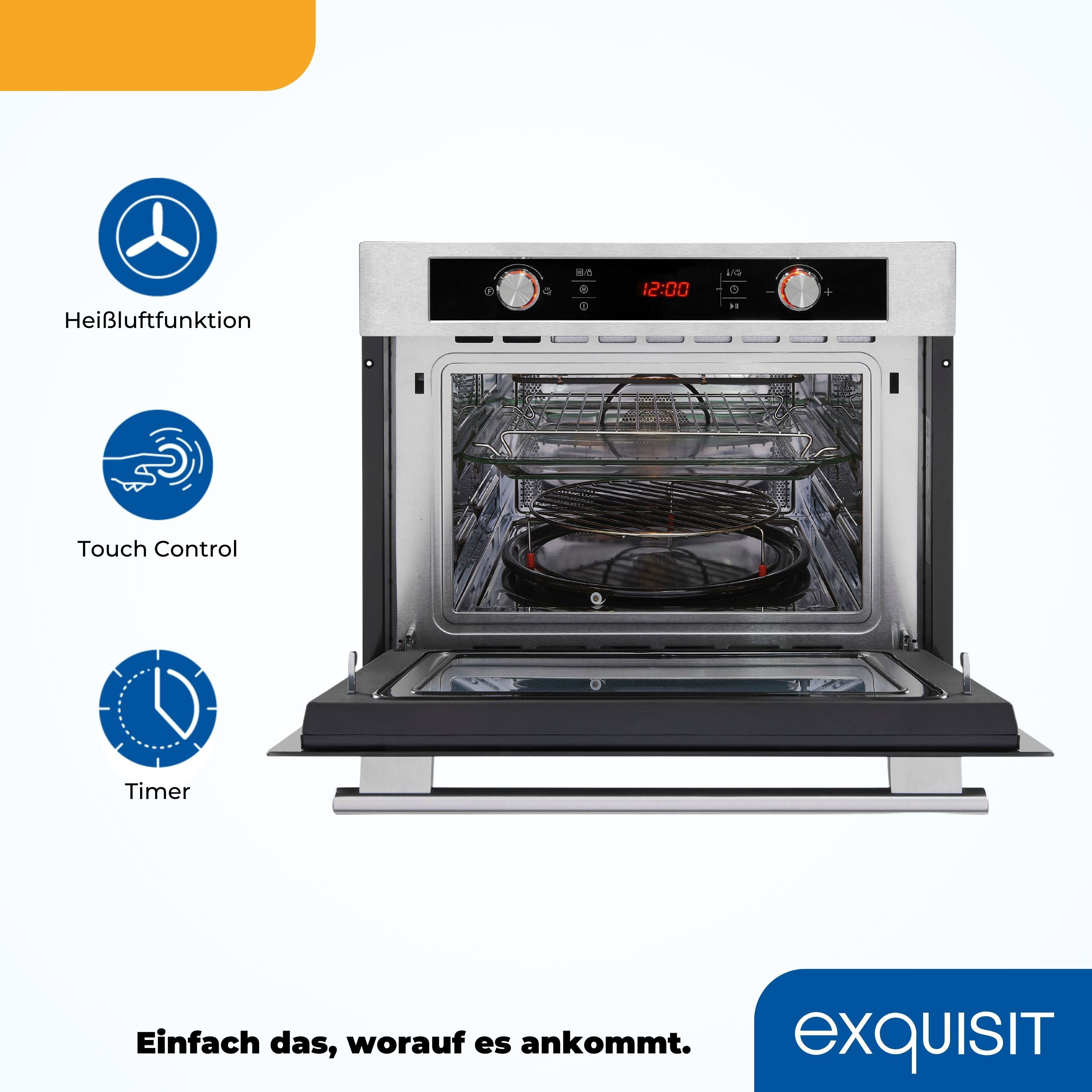 Offener Ofen mit Glasböden und Essen. Symbole zeigen Luft, Touch-Steuerung und Timer.