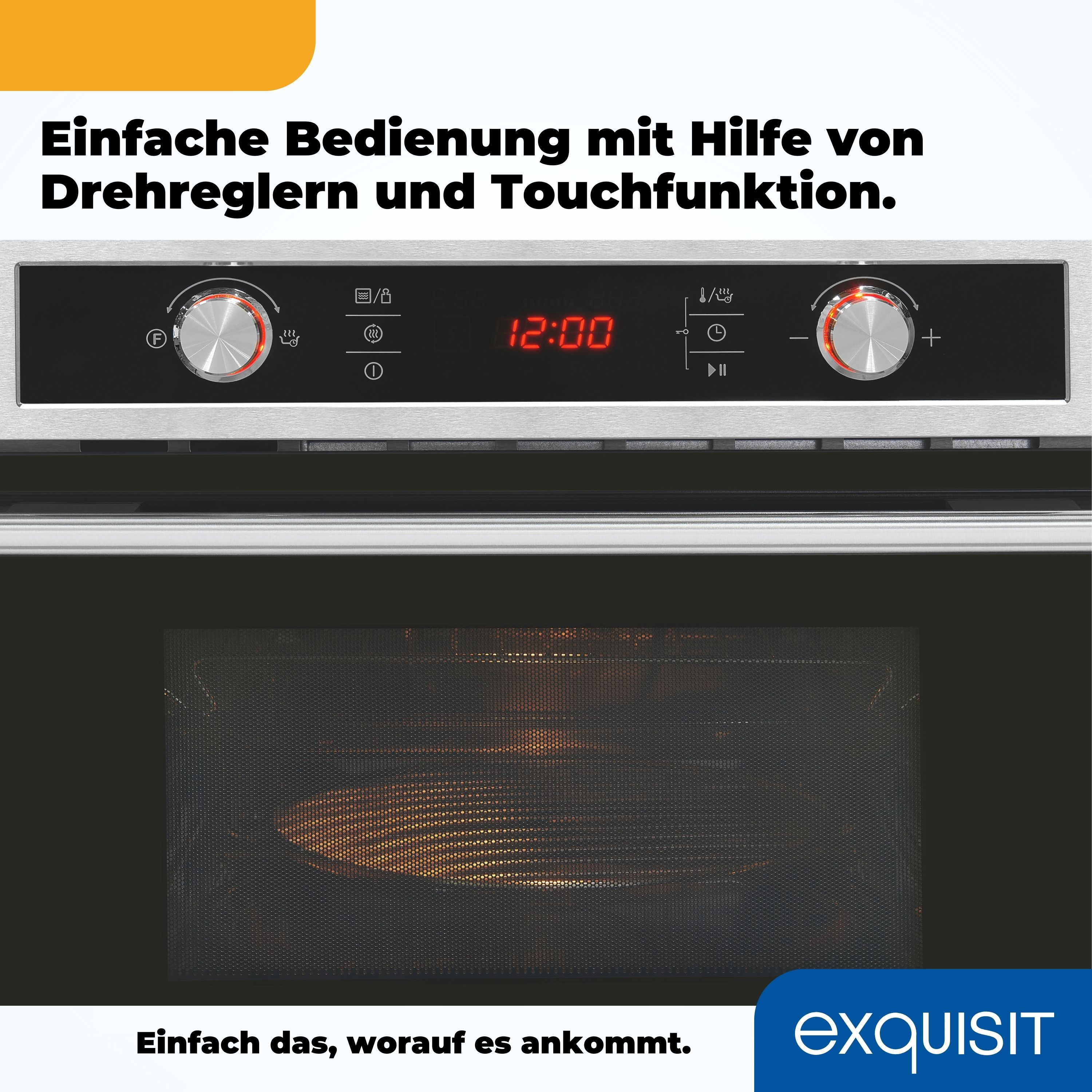 Backofen-Bedienfeld mit Drehknopf, Tasten und Anzeige, die die Zeit anzeigt.