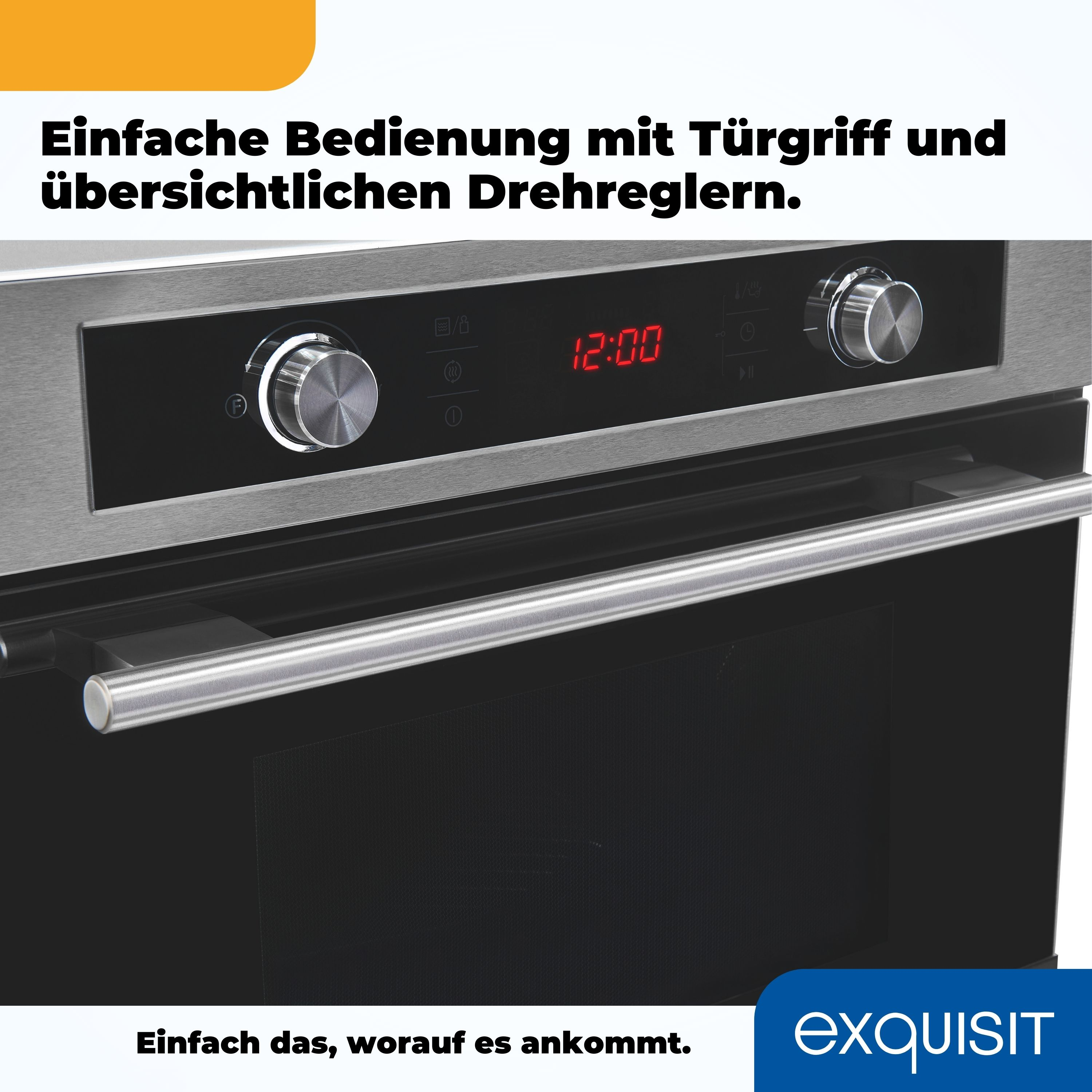 Backofen mit Griff, Knöpfen und Digitaluhr, die 12:00 anzeigt.