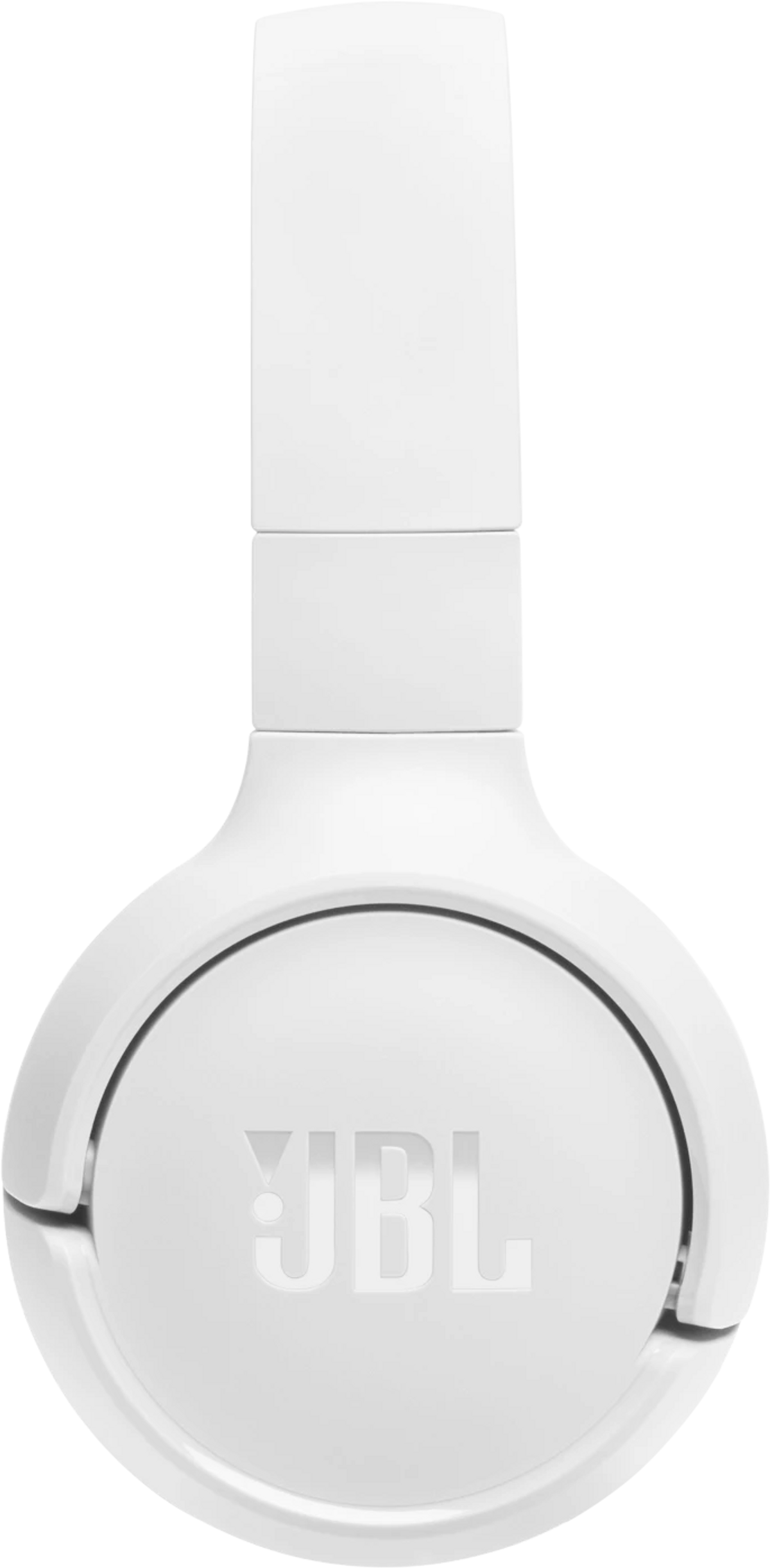 Weiße JBL-Kopfhörer. Draufsicht auf die Kopfhörer, mit sichtbarem JBL-Logo.