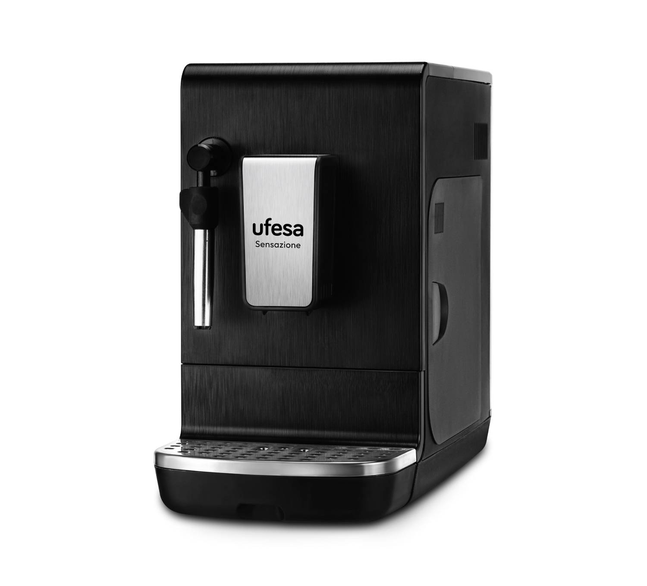 Cafetera negra Ufesa Sensazione, con panel frontal plateado, sobre fondo blanco.
