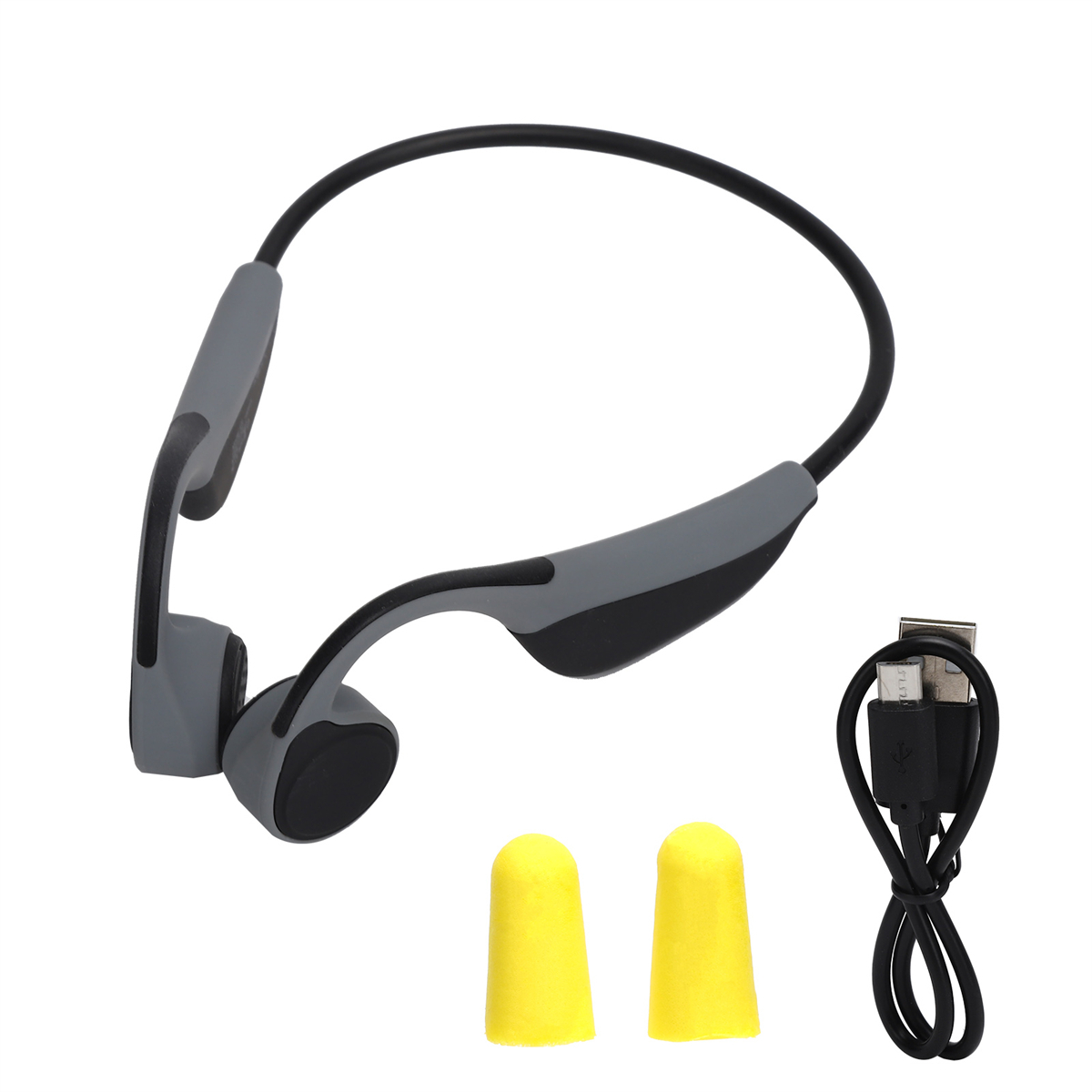 Drahtlose Knochenschallkopfhörer, gelbe Ohrstöpsel und ein USB-Ladekabel auf Weiß.