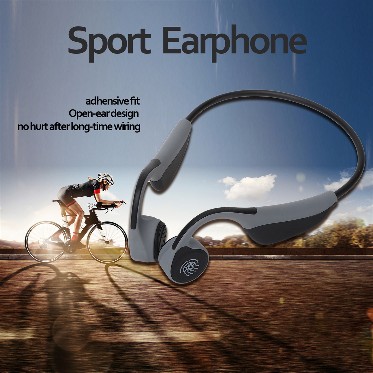 Sport-Kopfhörer um einen Radfahrer mit Fahrrad auf einer Straße. Text: 'Sport Earphone', und Merkmale.