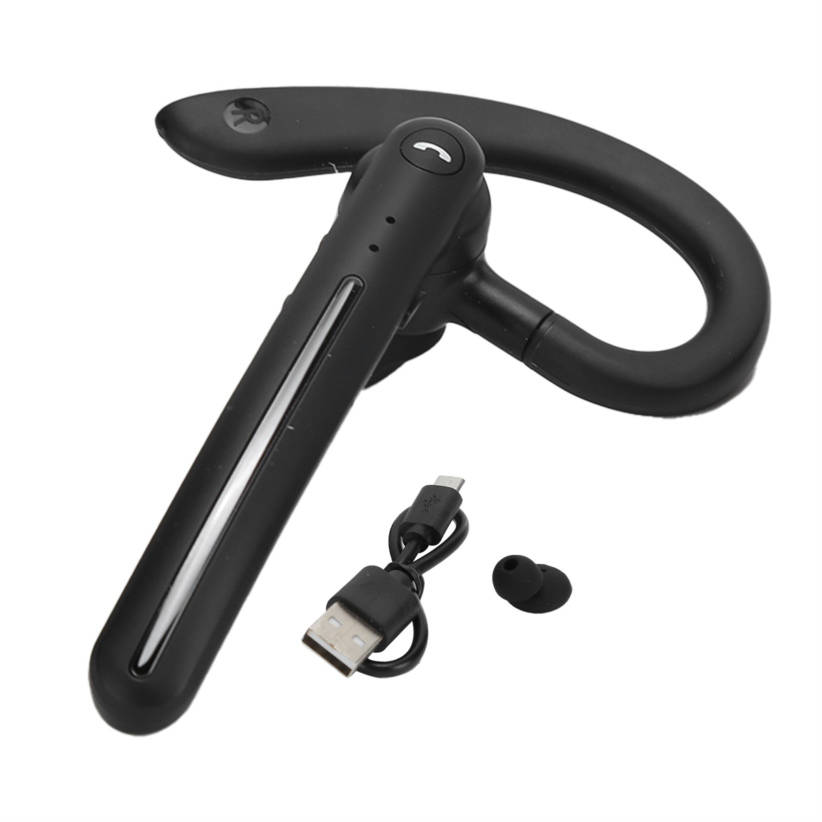 Ein schwarzes Bluetooth-Headset mit flexiblem Arm, einem Ladekabel und einem Ohrstöpsel.