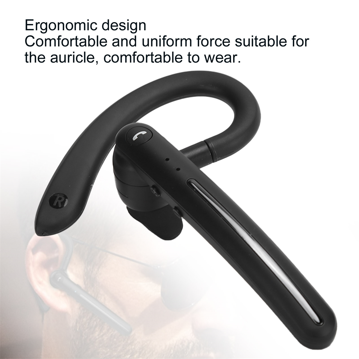 Ein schwarzes Headset mit ergonomischem Design. Es wird mit einem gebogenen Arm am Ohr getragen.