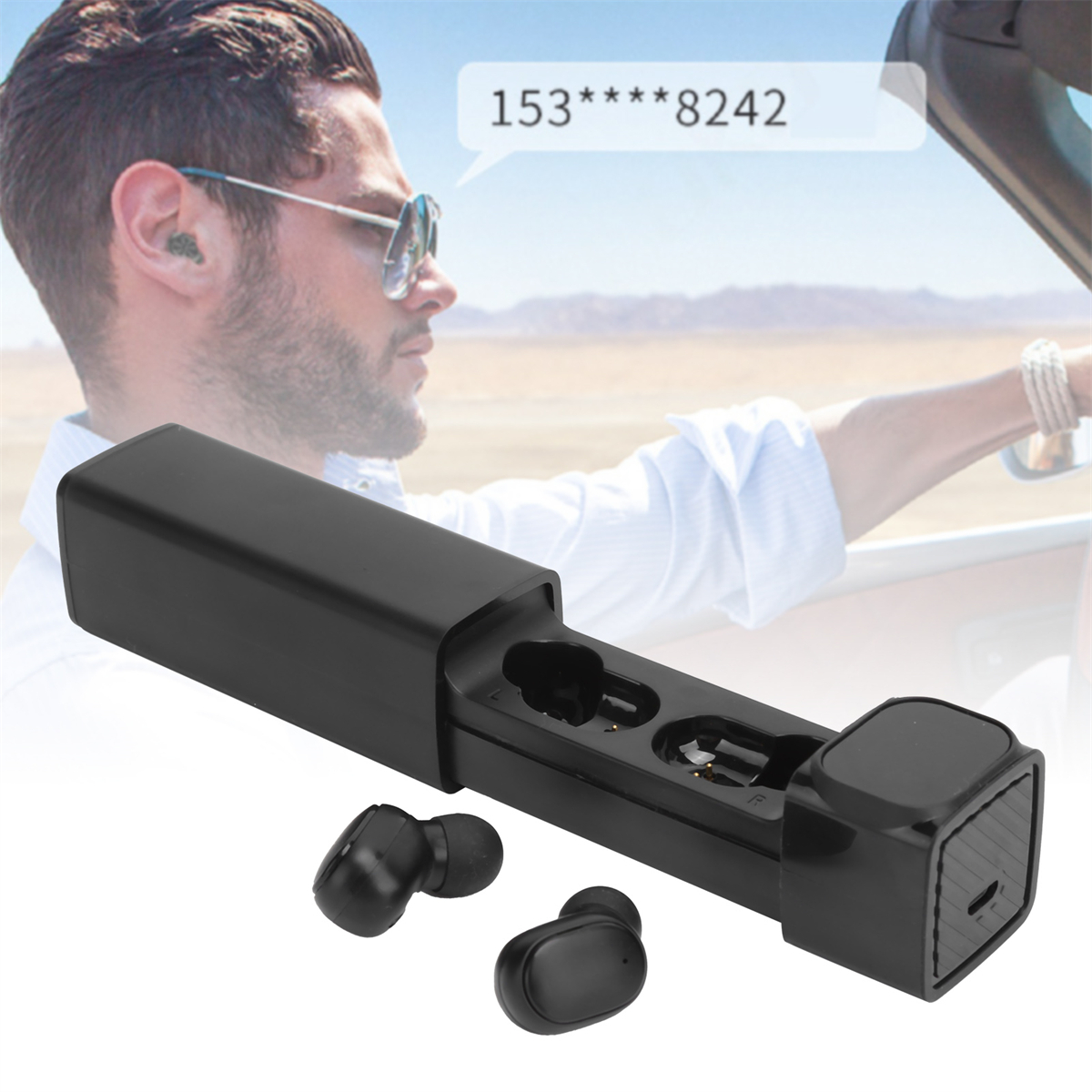 Ein Mann mit Sonnenbrille benutzt beim Fahren Ohrhörer. Eine Textblase zeigt eine Telefonnummer.
