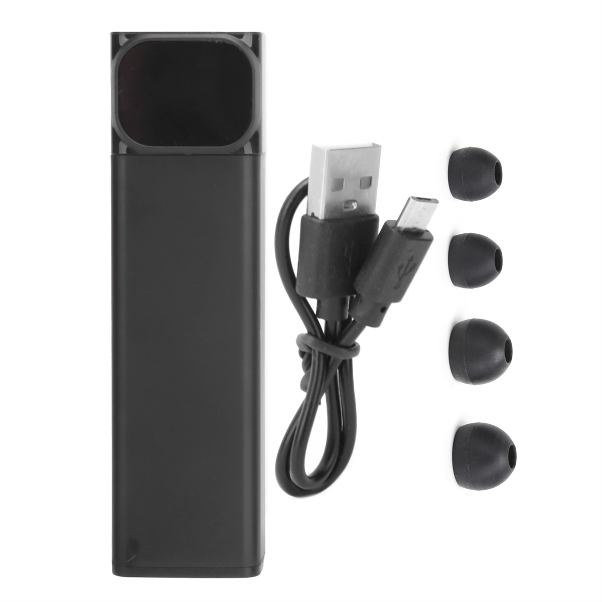 Ein schwarzes Ladeetui, ein USB-Kabel und drei schwarze Ohrstöpselspitzen werden gezeigt.