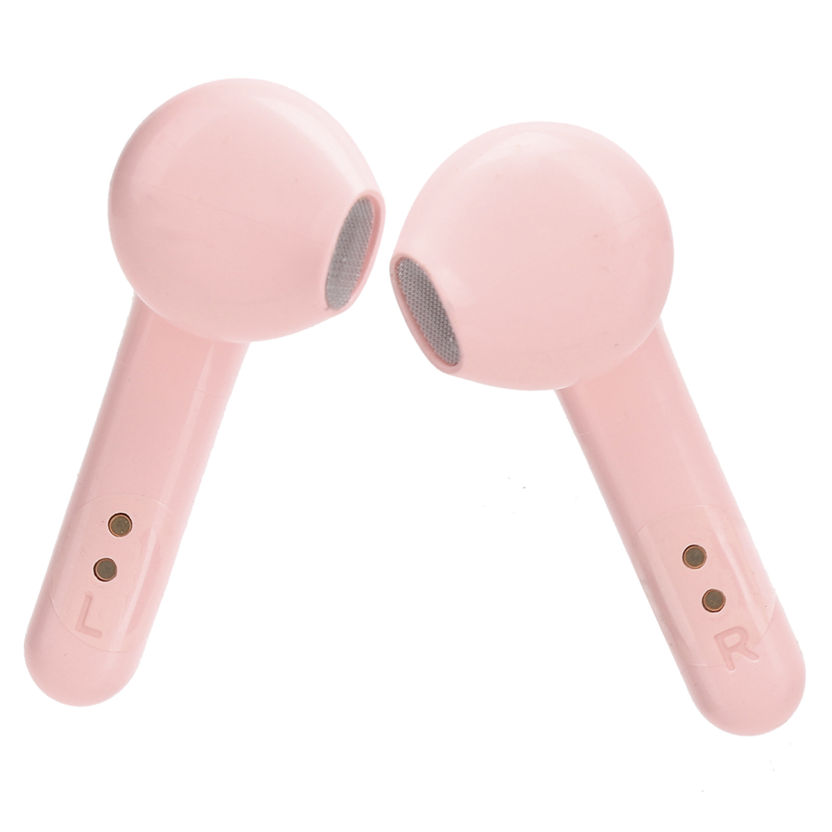 Nahaufnahme von rosa Ohrhörern, leicht zueinander geneigt, mit L und R Markierungen.