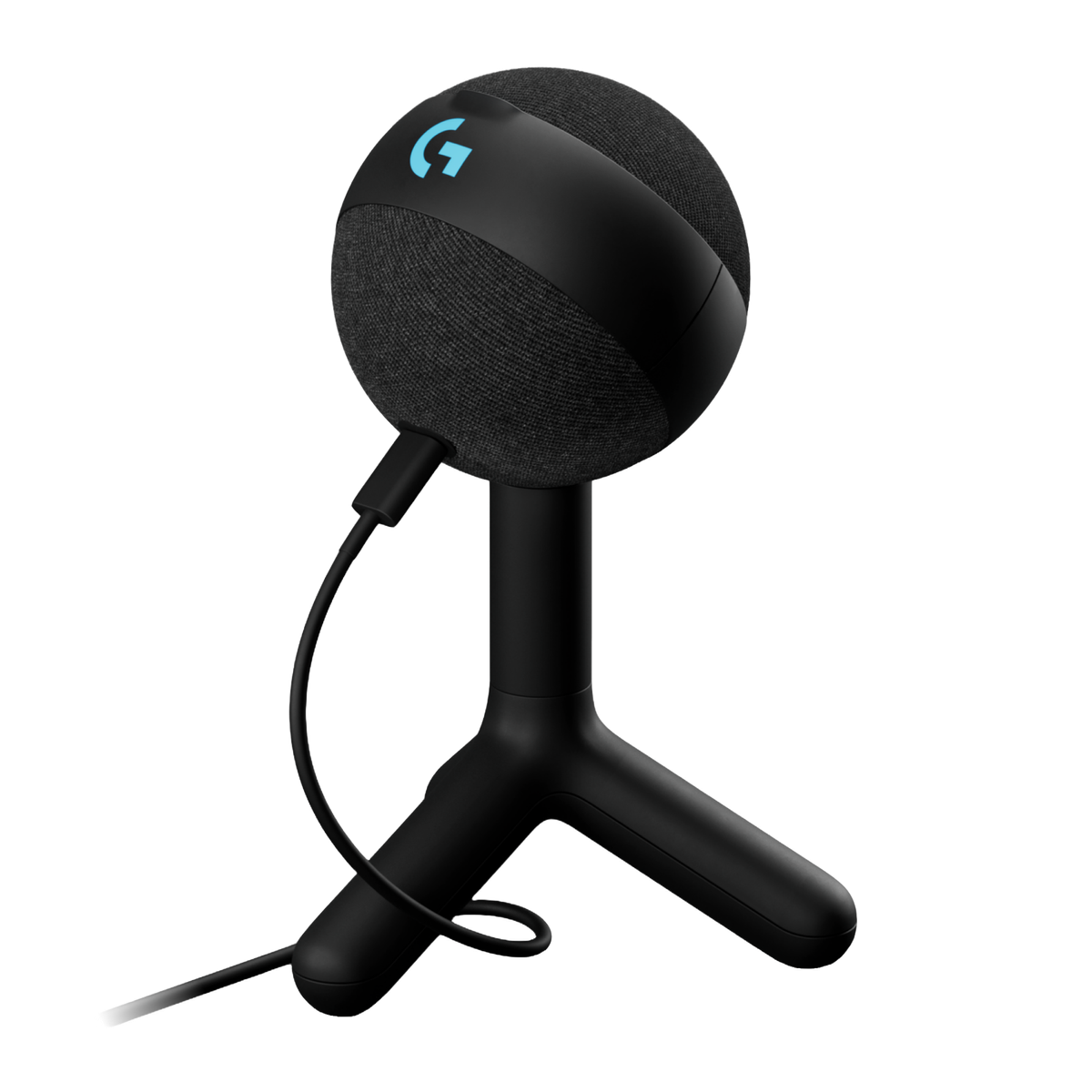 Czarny mikrofon Logitech, kulista głowica na czarnym statywie, z kablem.