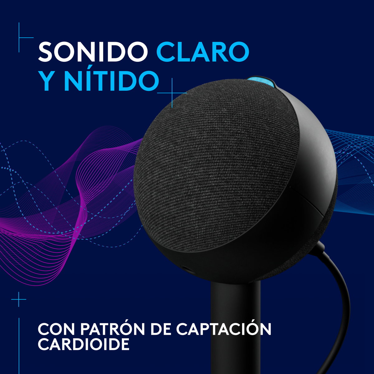 Czarny okrągły głośnik z hiszpańskim tekstem: czysty i wyraźny dźwięk.