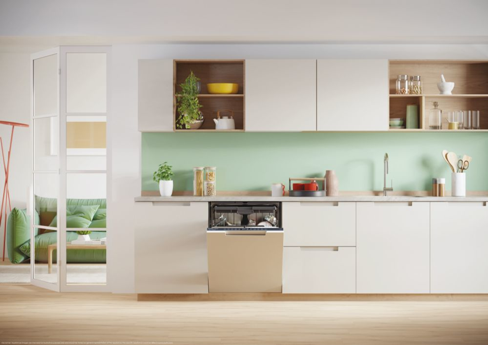 Una cocina moderna con lavavajillas abierto. Gabinetes claros, salpicadero verde y vista a una sala de estar.