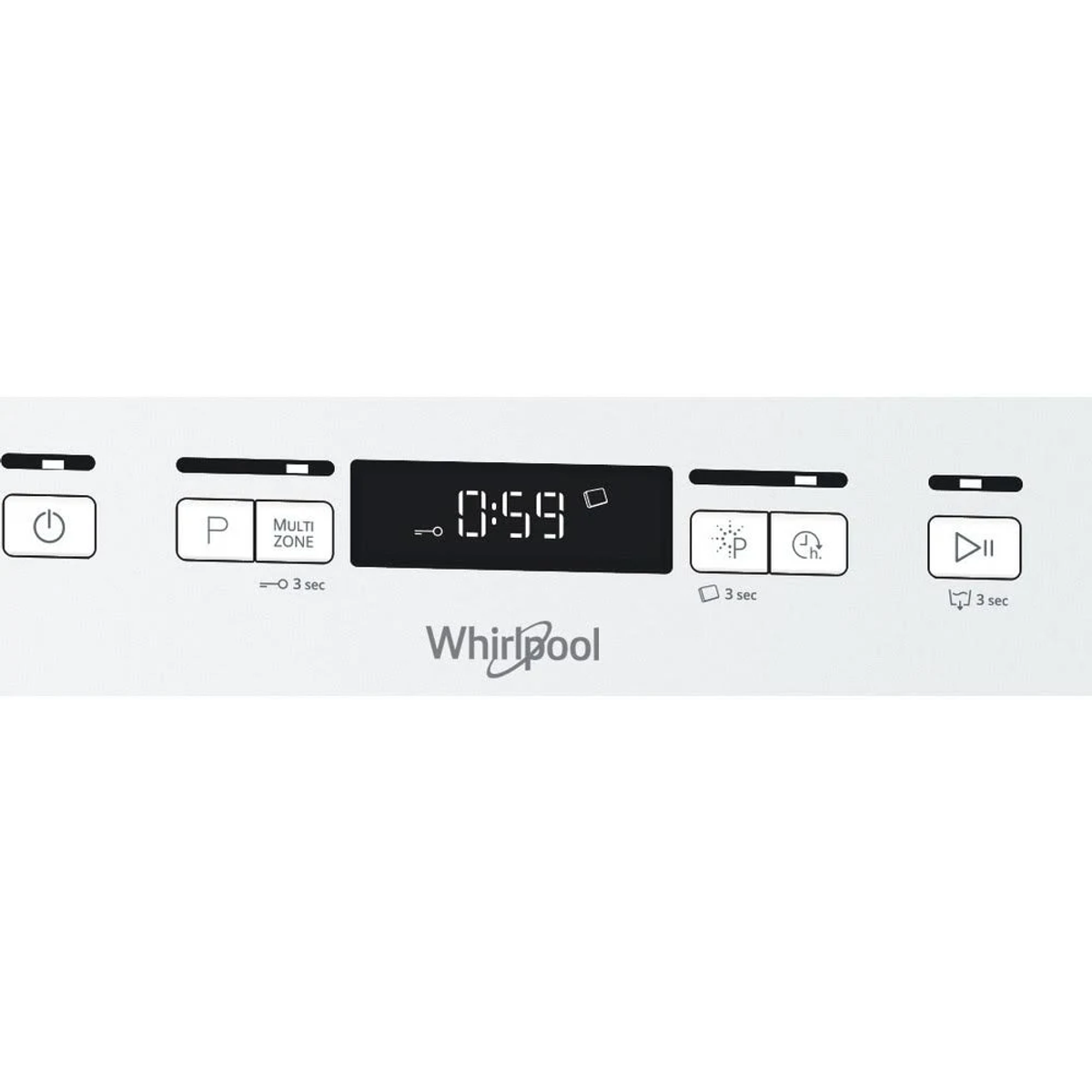 Primer plano del panel de control del lavavajillas Whirlpool con pantalla y botones.