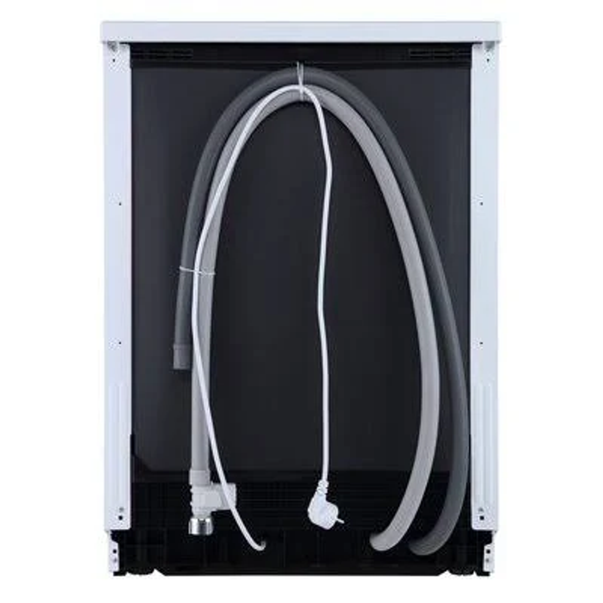 Parte trasera de lavavajillas blanco con tubos y cable de alimentación.