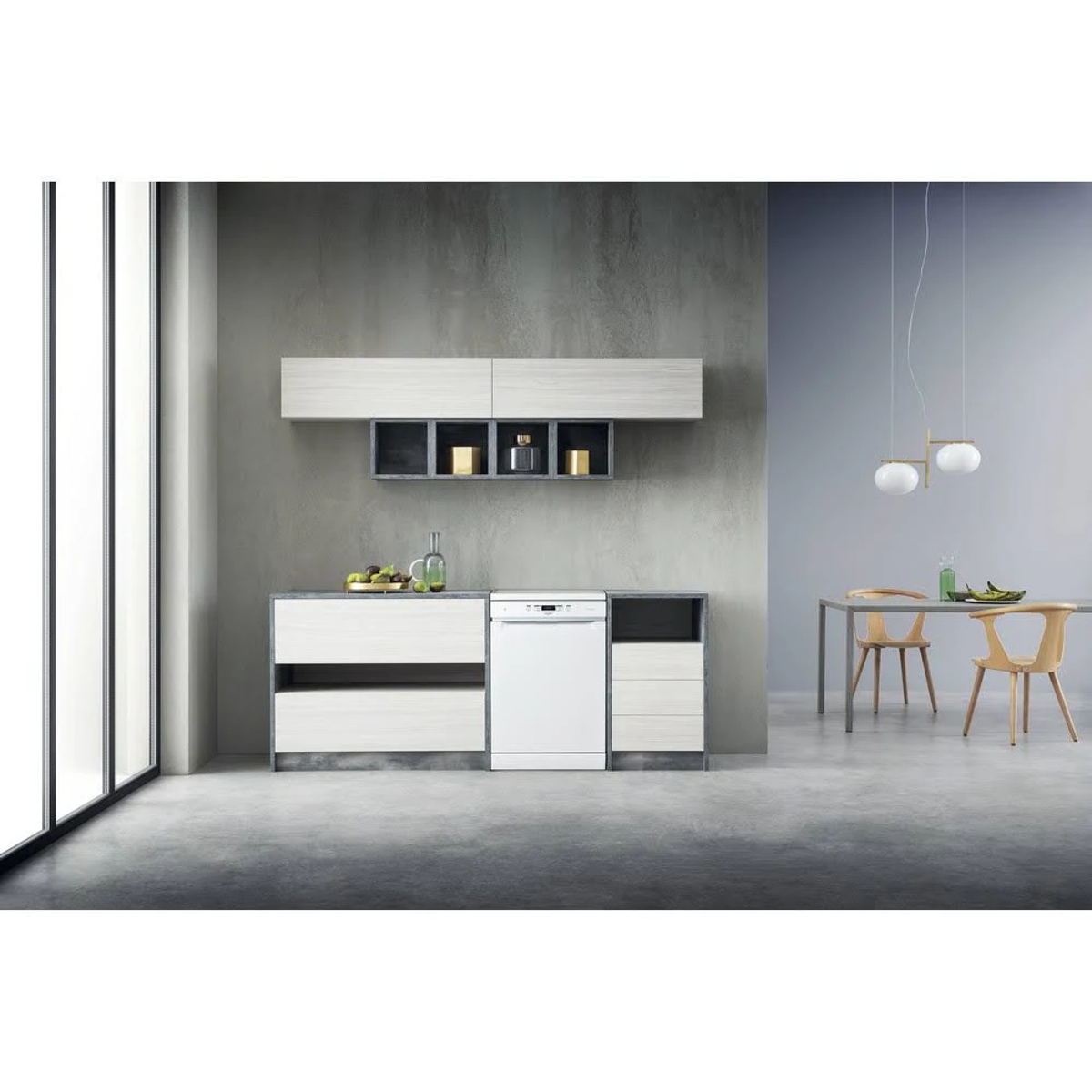 Lavavajillas blanco en cocina moderna con esquema de colores gris y blanco.