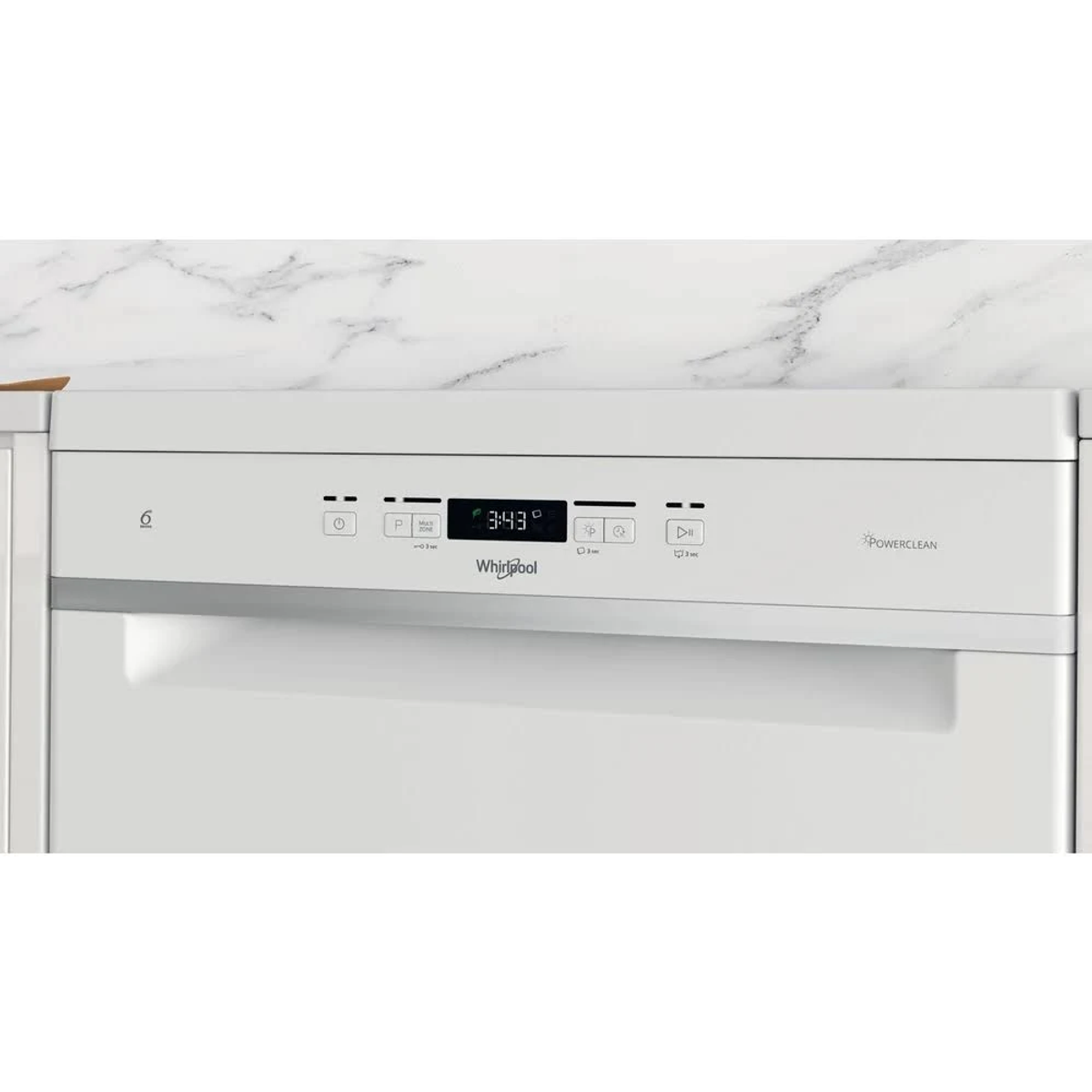 Lavavajillas blanco con pantalla digital que muestra 3:43. Botones presentes. 'Whirlpool' y 'PowerClean' impresos.