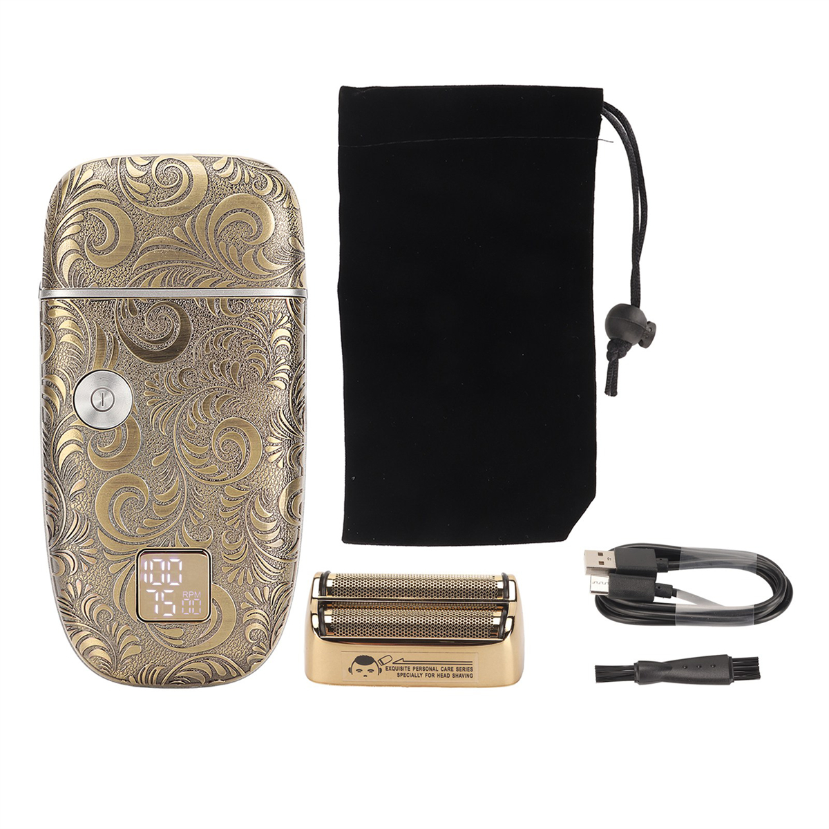 Goldener Rasierer mit schwarzem Beutel, Bürste und Ladekabel. Dekoratives Design.