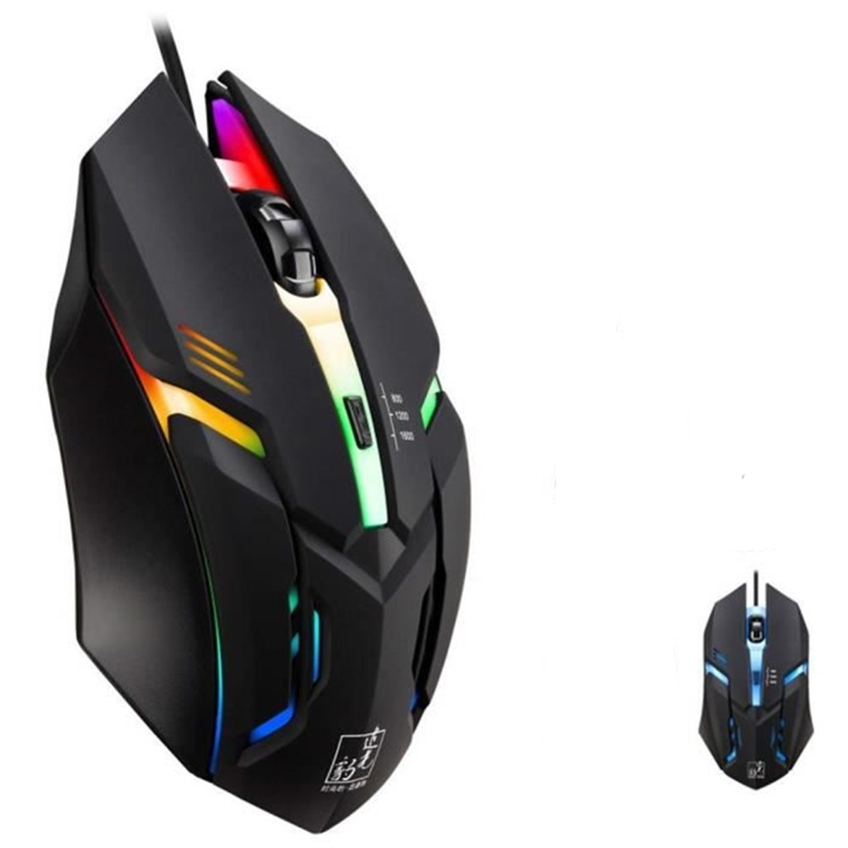 Schwarze Gaming-Maus mit farbigen LED-Leuchten und eine kleinere Version.