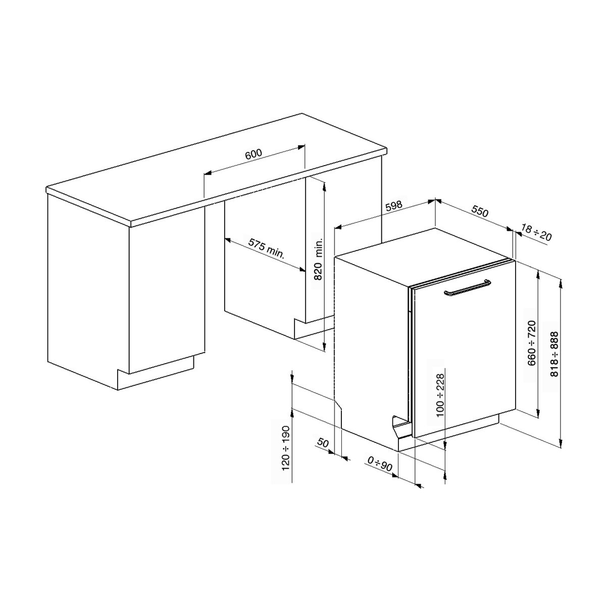 Un lavavajillas junto a un armario, con dimensiones mostradas en un diagrama, en un espacio blanco.