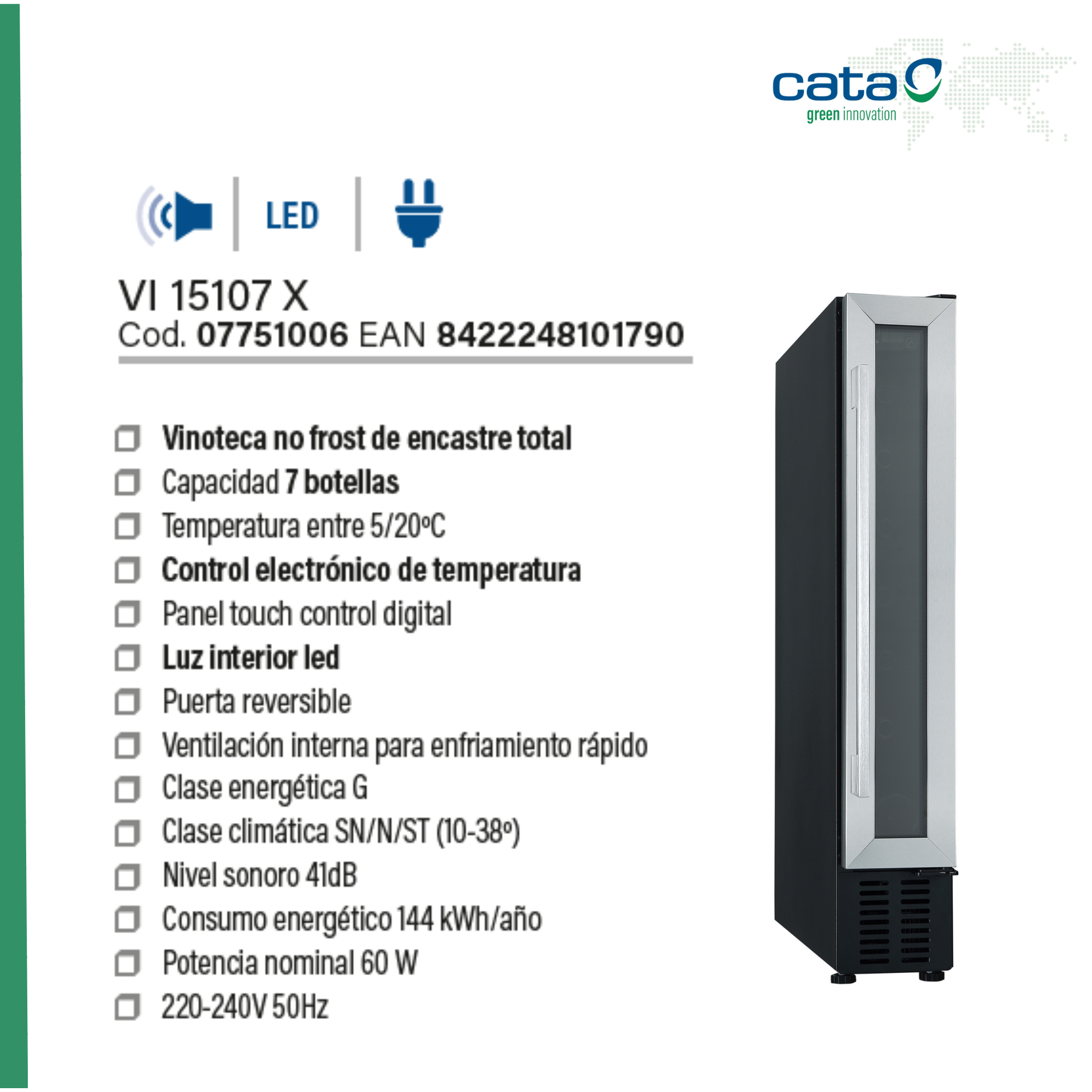 Czarna chłodziarka do wina z listą funkcji i specyfikacji w języku hiszpańskim oraz logo cata.