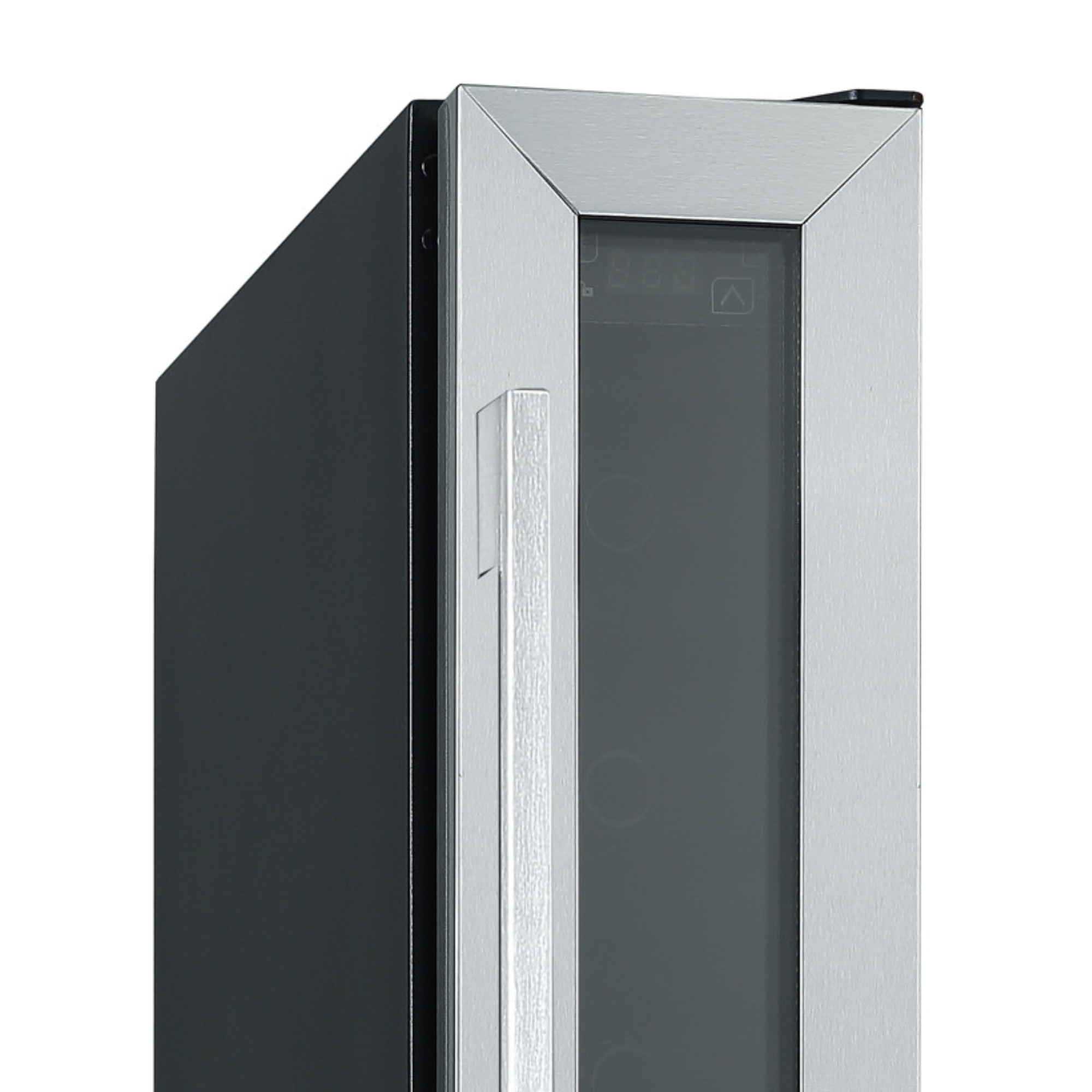 Lodówka na wino ze stali nierdzewnej ze szklanymi drzwiami, pokazująca wnętrze.