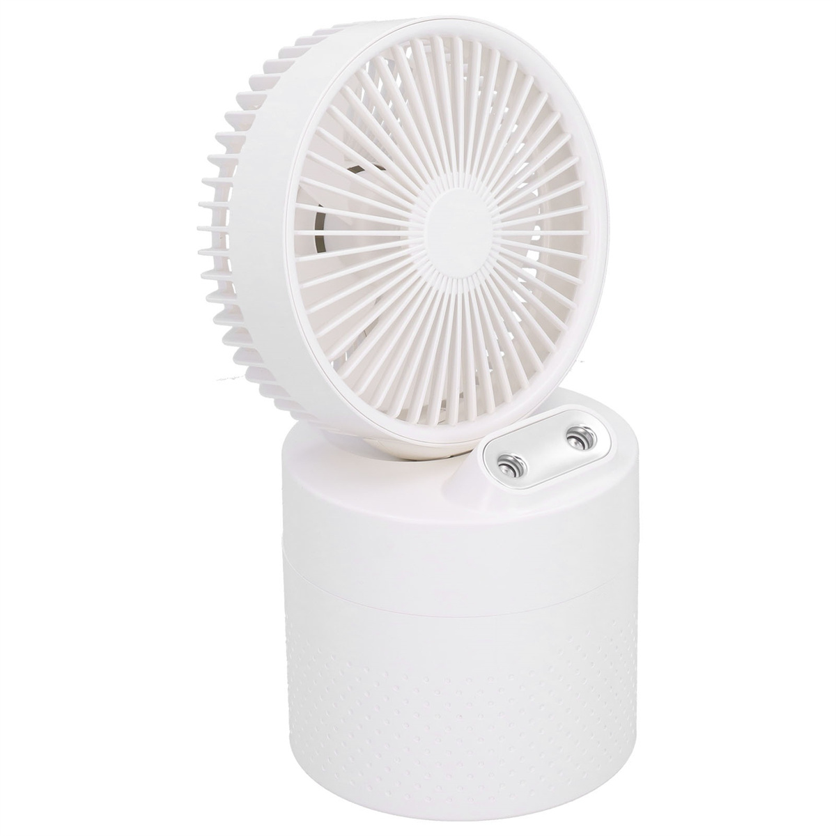 Ein weißer, zylindrischer Ventilator mit drehbarem Kopf. Er hat einen Ventilator und einen Nebelbereich.