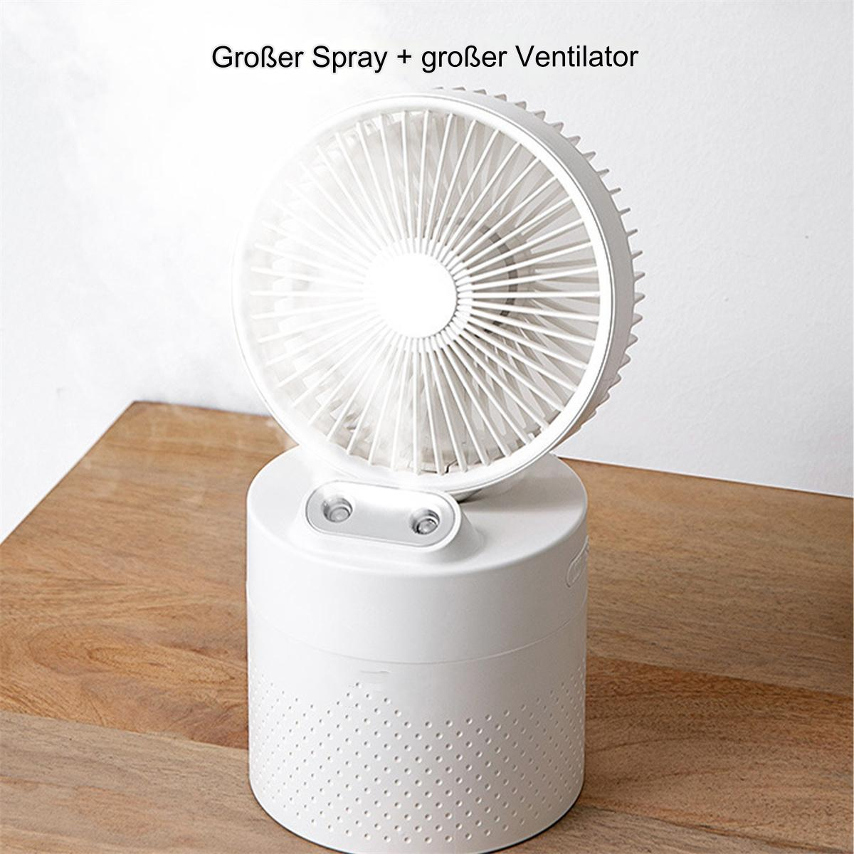 Ein weißer Ventilator auf weißer Basis auf einem Holztisch. Weißer Hintergrund.
