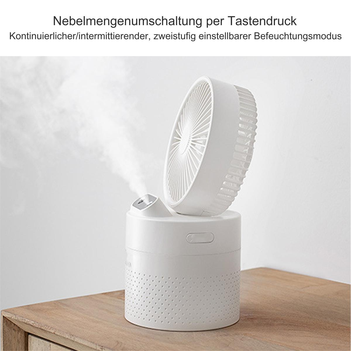 Ein weißer Luftbefeuchter mit Ventilator, der Nebel ausstößt, auf Holzoberfläche.
