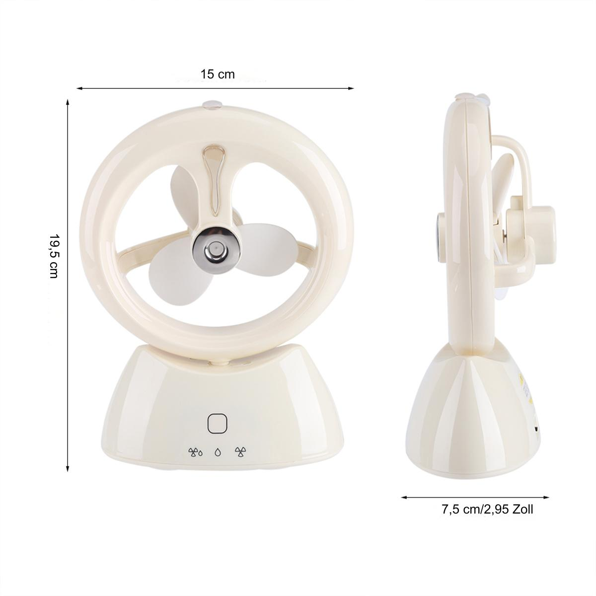Ein kleiner beiger Ventilator mit ringförmigem Körper und Ständer, zeigt Abmessungen.