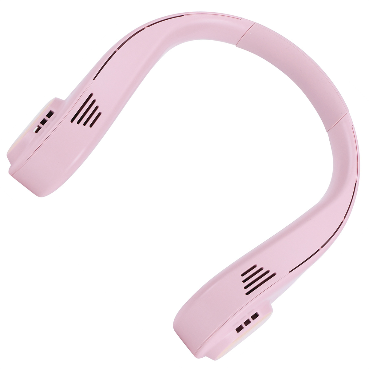 Ein rosa Nackenventilator, geschwungenes Design, mit Luftschlitzen. Weißer Hintergrund.