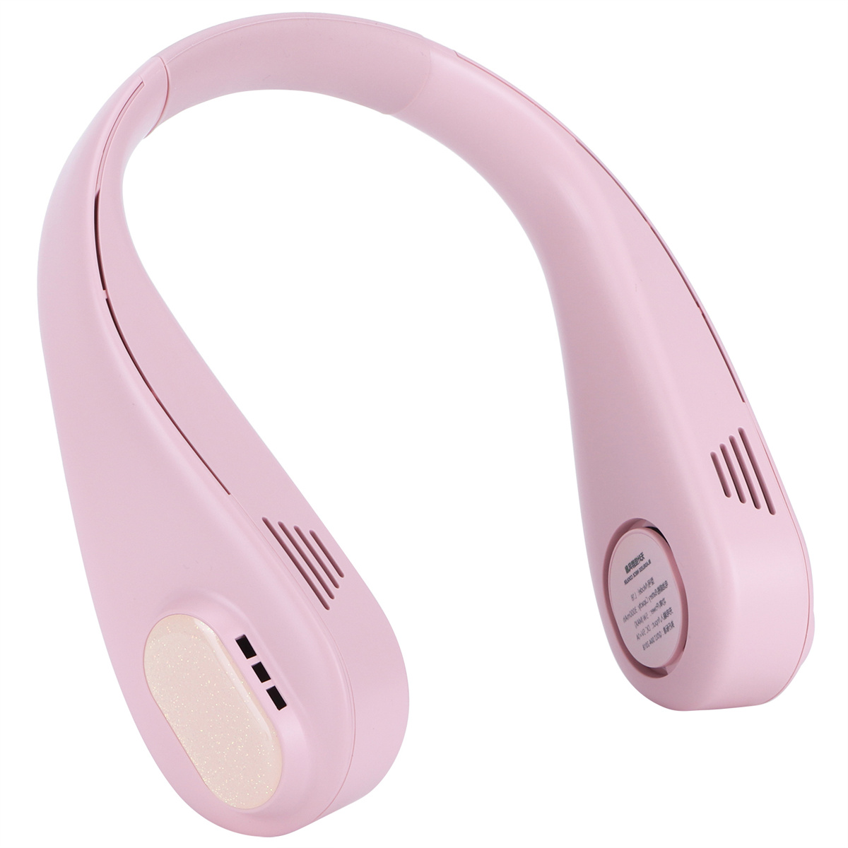 Ein rosa Nackenventilator, der um den Hals getragen wird, mit Luftschlitzen.