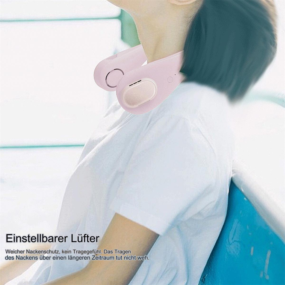 Ein rosa Nackenventilator, getragen von einer Person, weißes Hemd, unscharfer Hintergrund.
