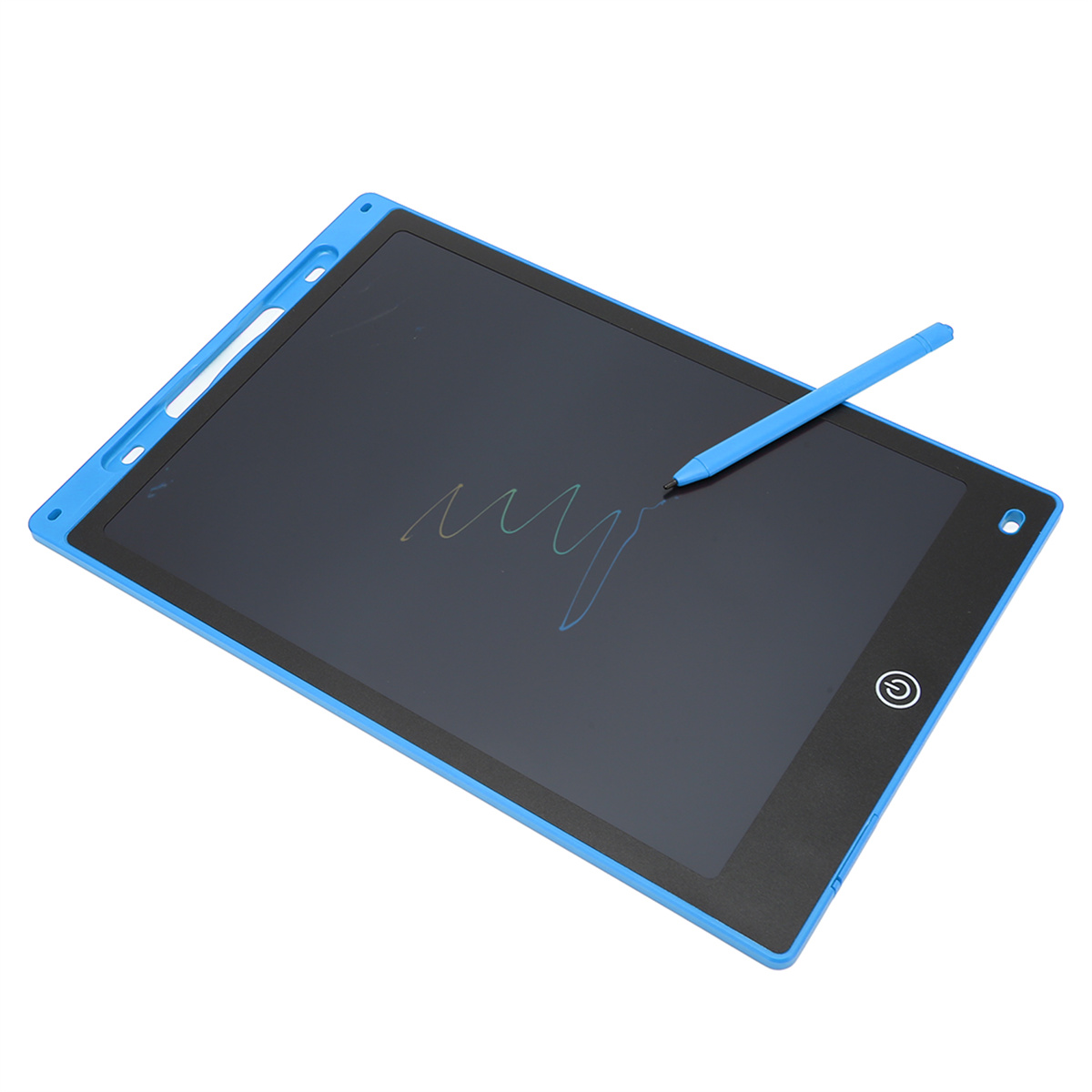 Blauer Schreibtafel mit Stift. Der Bildschirm zeigt eine handschriftliche Linie. Auf weißer Oberfläche.