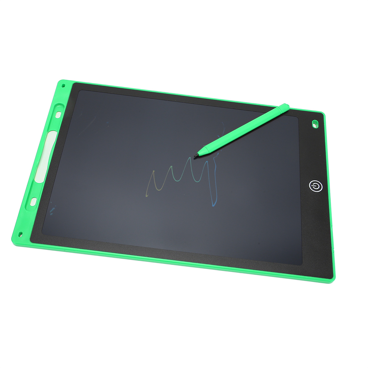 Ein grün-schwarzes digitales Schreibtablett mit einem Stift, der auf der Oberfläche liegt. Eine Kritzelei ist sichtbar.