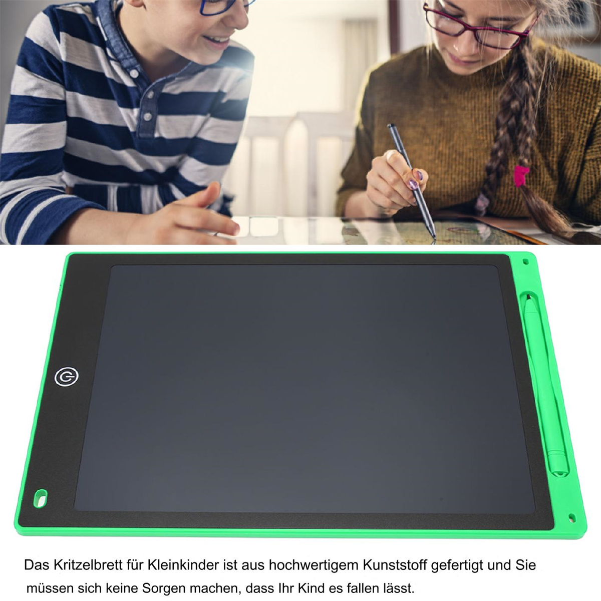 Zwei Kinder benutzen ein grünes Schreibtablett mit schwarzem Bildschirm.