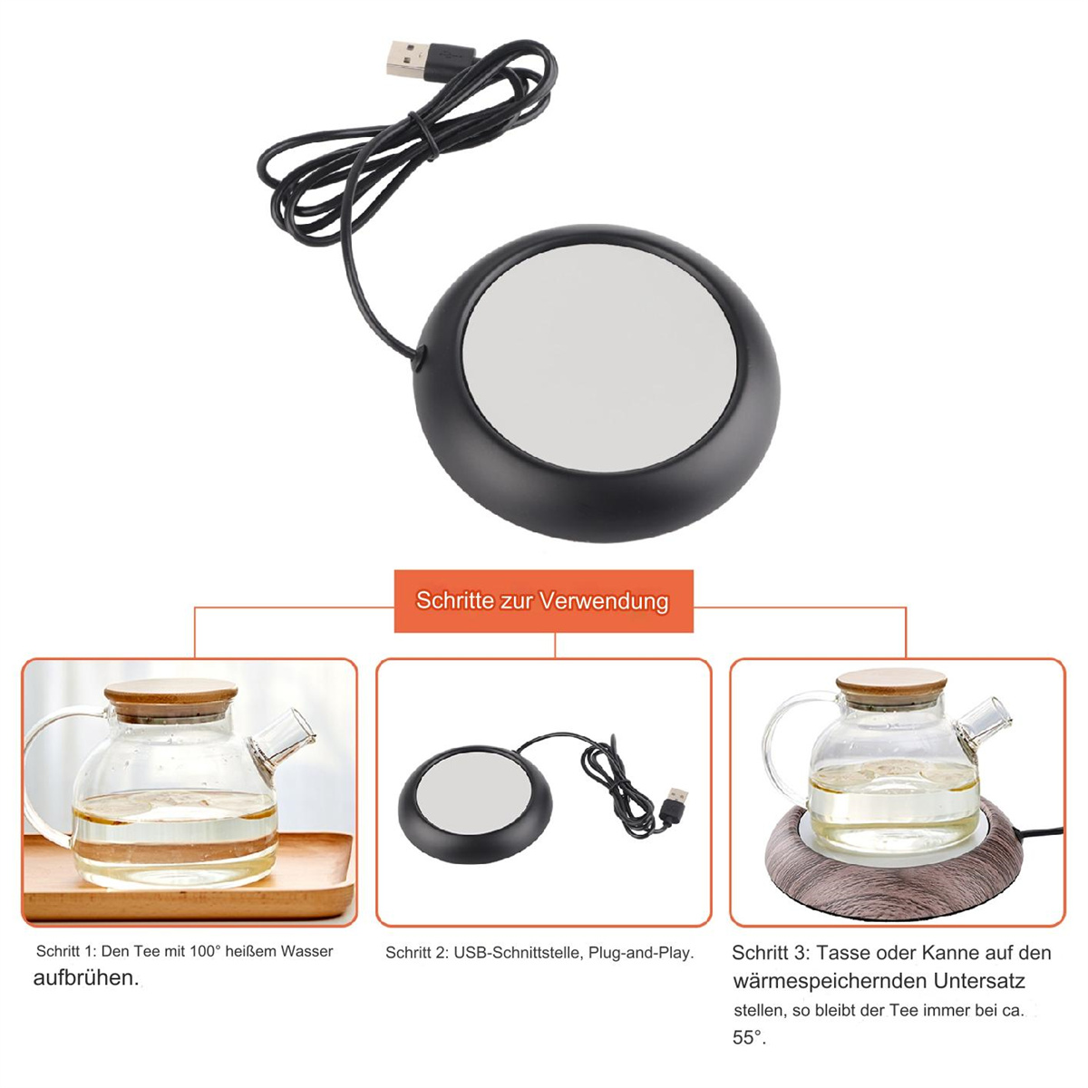 Schwarzer Tee-Wärmer mit USB-Kabel und Anweisungen mit Teekannen und Text.