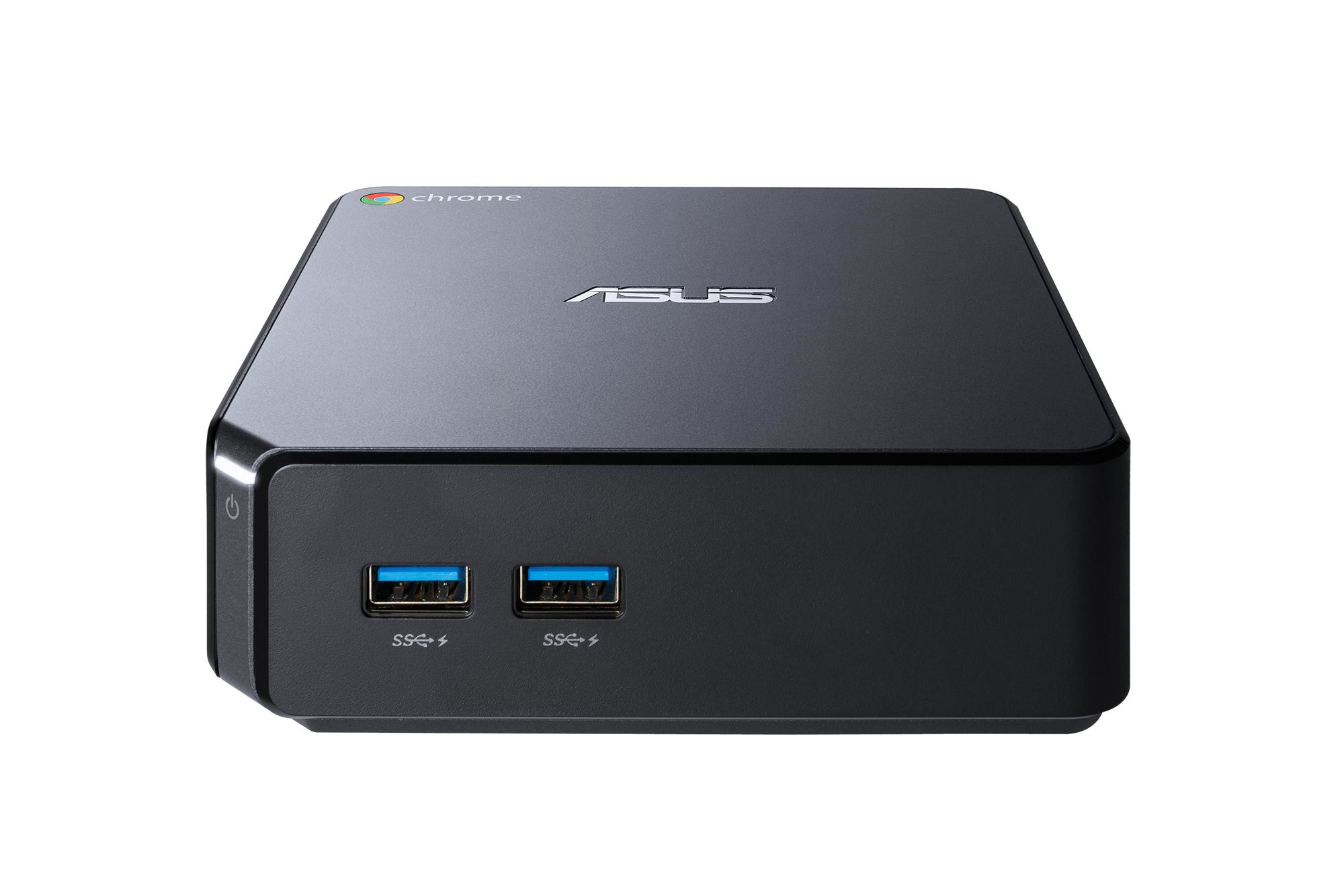 Czarny ASUS Chromebox, mały i kwadratowy, z widocznymi portami USB.