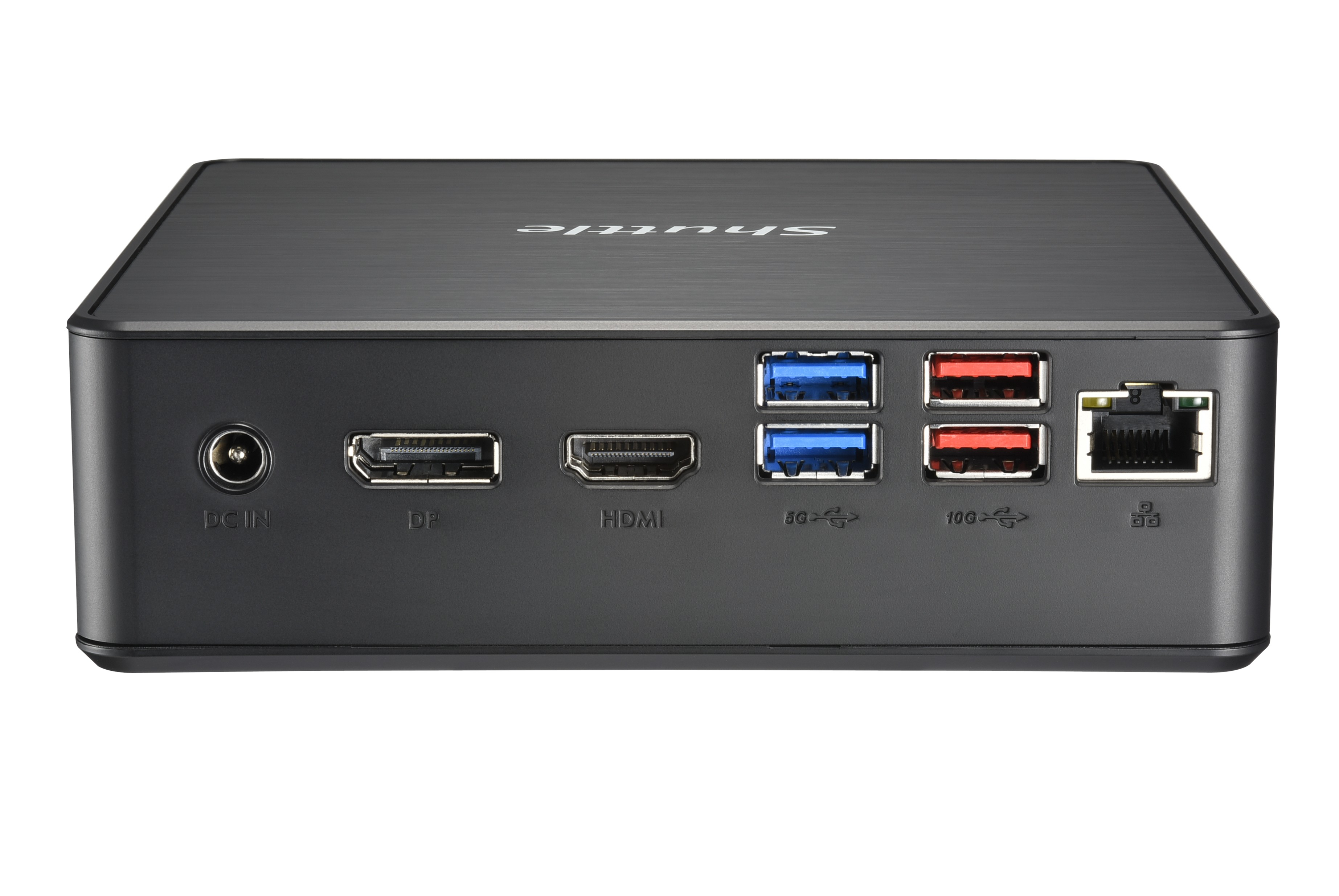 Computer nero con più porte. Testo: Shuttle. Sfondo bianco. DP, HDMI, USB, DC IN.