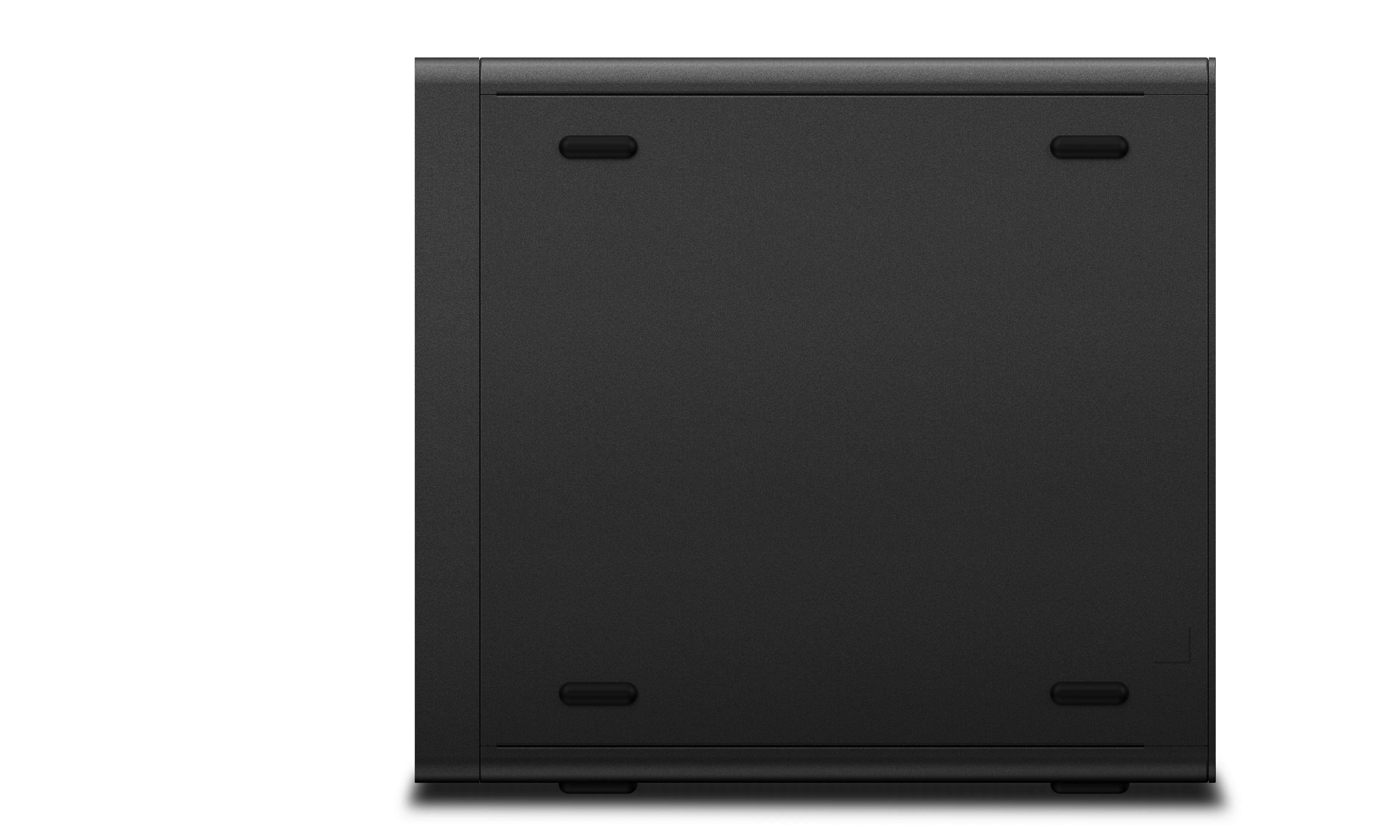 Caja de ordenador negra, vista inferior, con cuatro patas de goma. Diseño limpio y simple.
