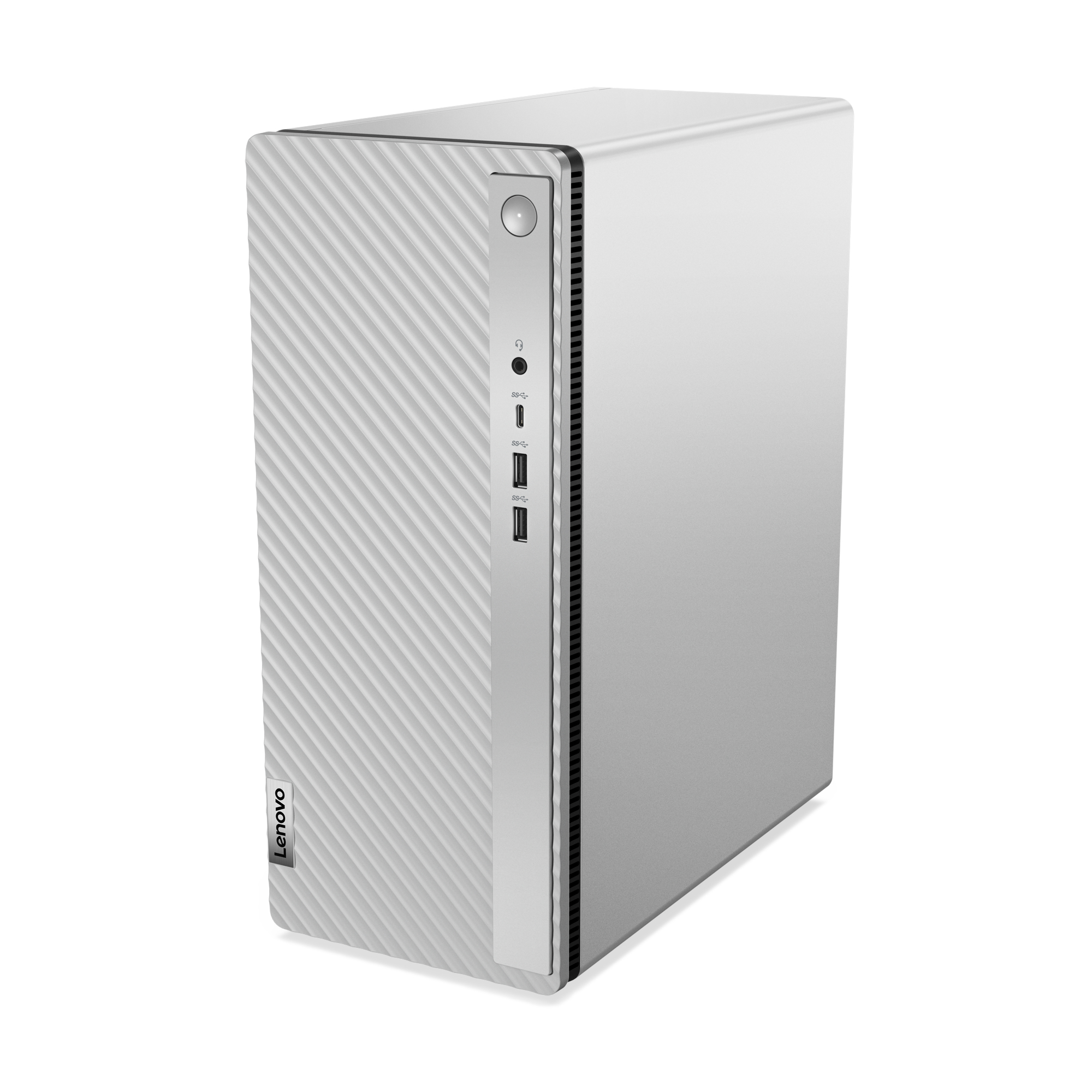 Una computadora de escritorio Lenovo plateada. El frente tiene un acento vertical plateado con puertos y un botón.