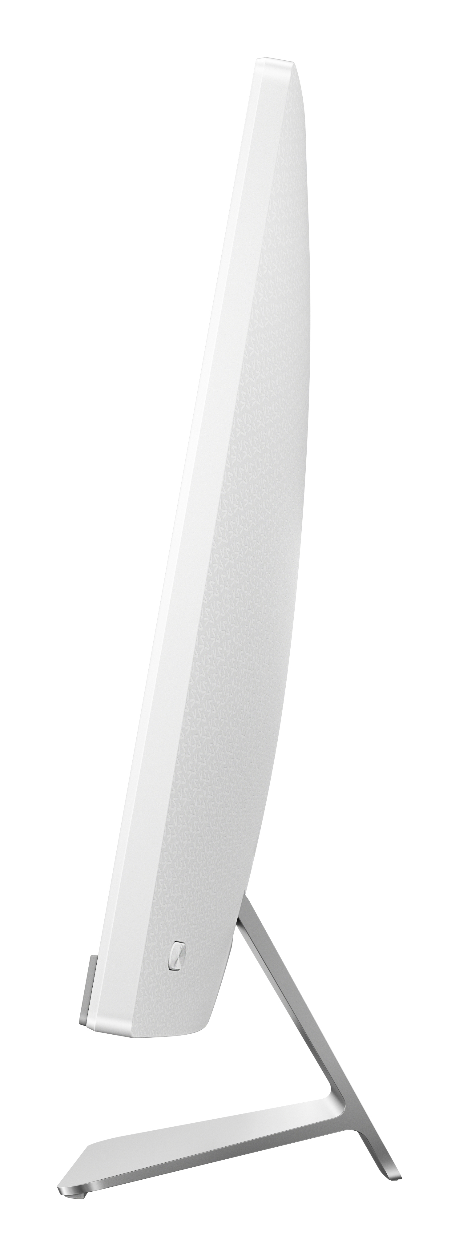 Widok z boku białego, zakrzywionego komputera typu all-in-one ze srebrną podstawą na białym tle.