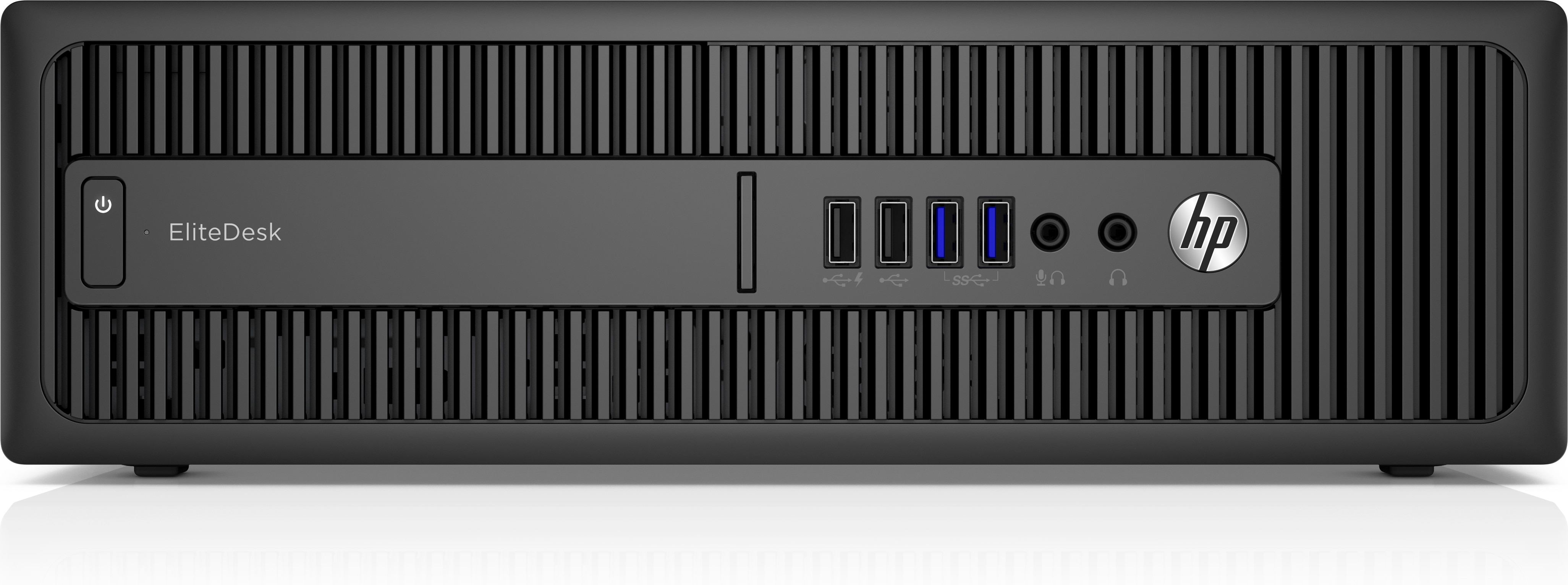 Ordenador de sobremesa negro frontal. Botón de encendido, puertos USB y conector de auriculares visibles.