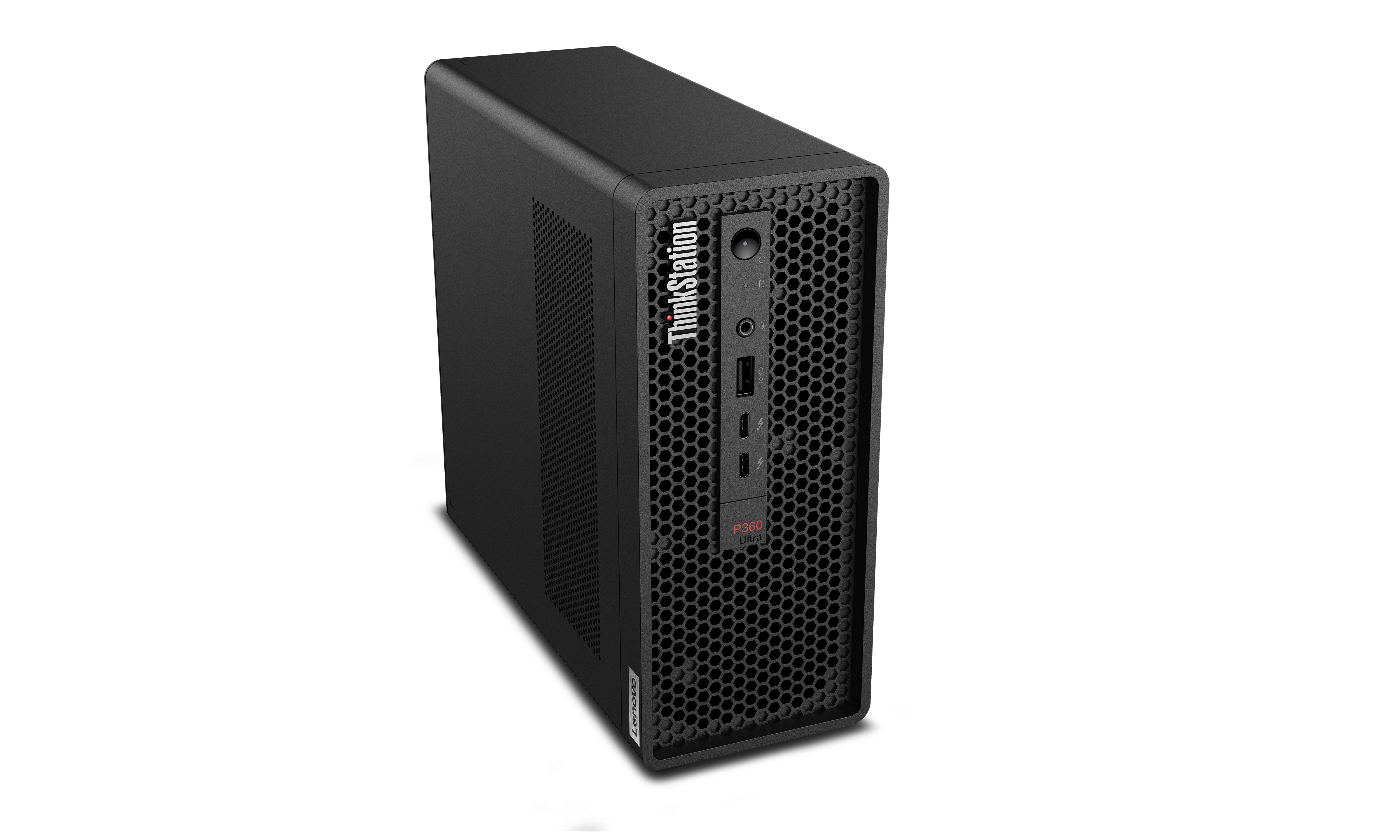 Ordenador de sobremesa Lenovo ThinkStation negro, vista frontal, sobre blanco.